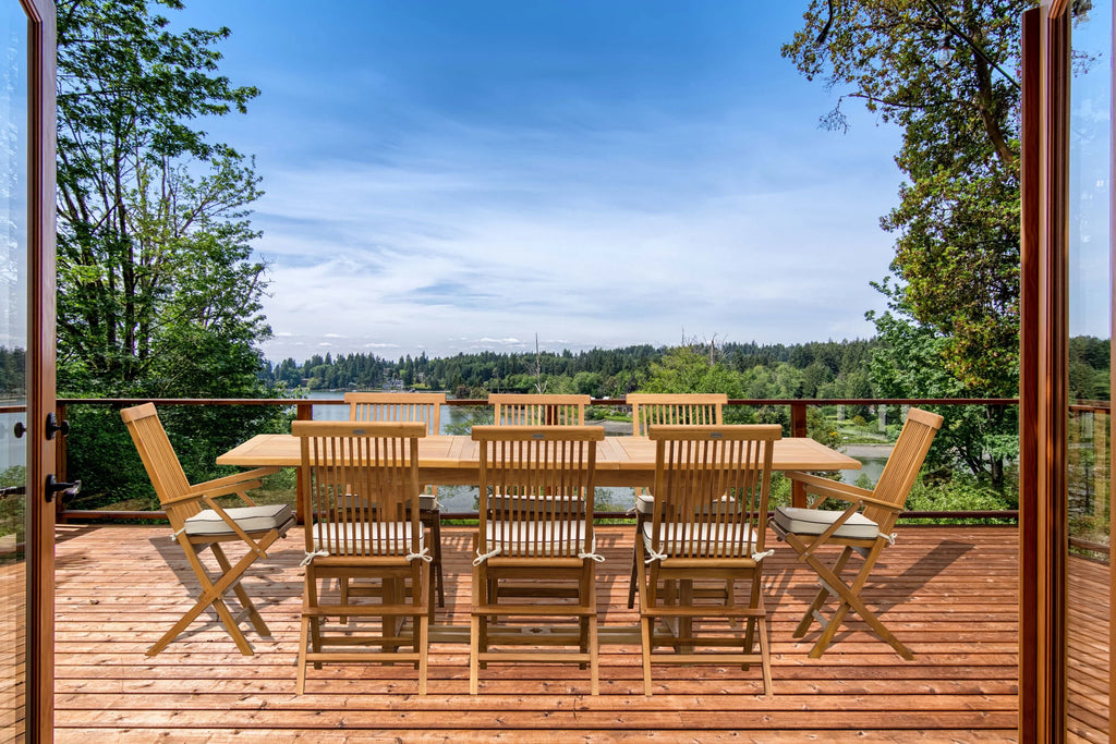 9 Piece Teak Wood West Palm Patio Dining Set with Rectangular Extension Table, 2 Folding Arm Chairs and 6 Folding Side Chairs