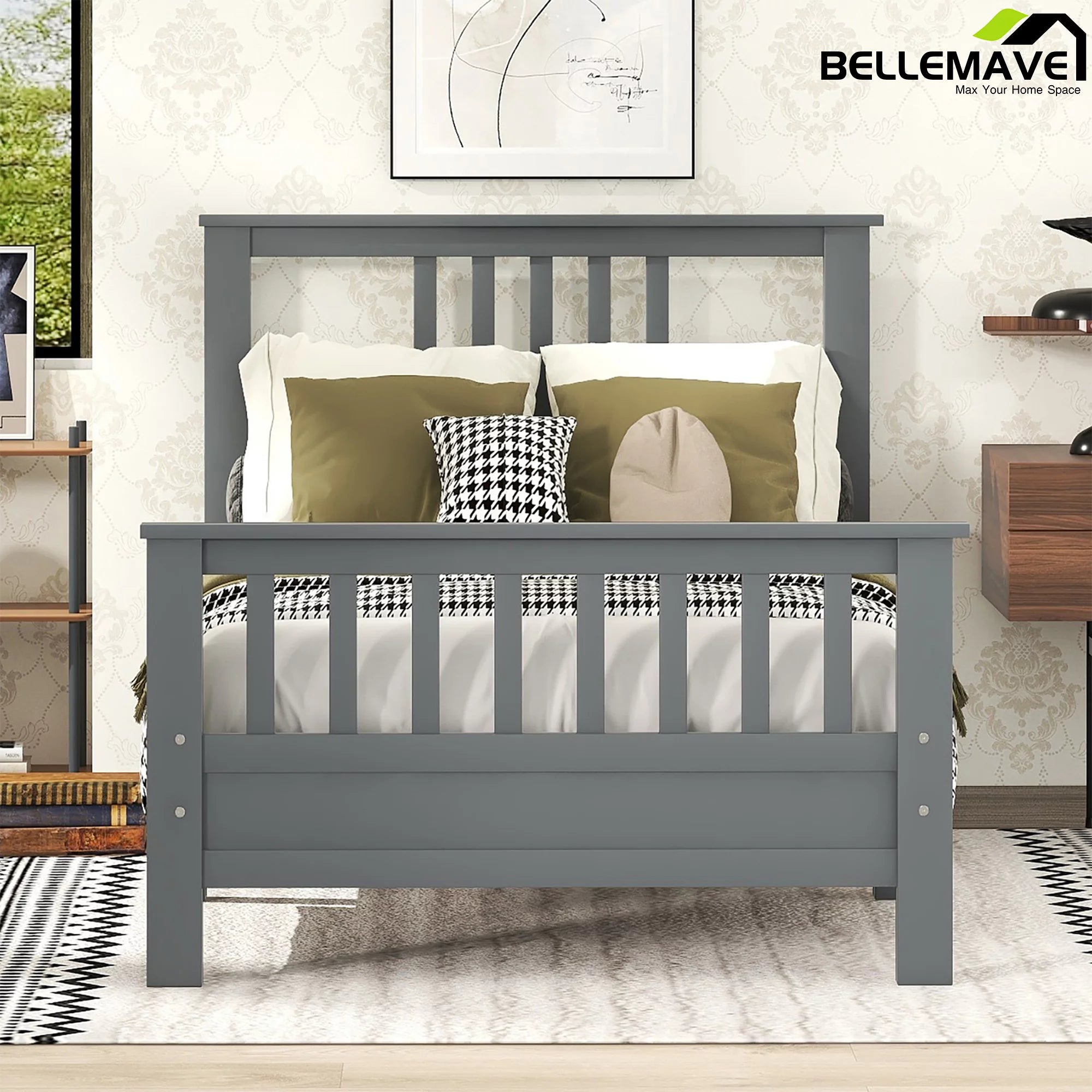 Bellemave Twin Size Bed Frames with Headboard and Footboard, Wood Twin Platform Bed,Wood Slats Great Support with Six Legs for Kids,Teens,Adults(Twin,Gray)