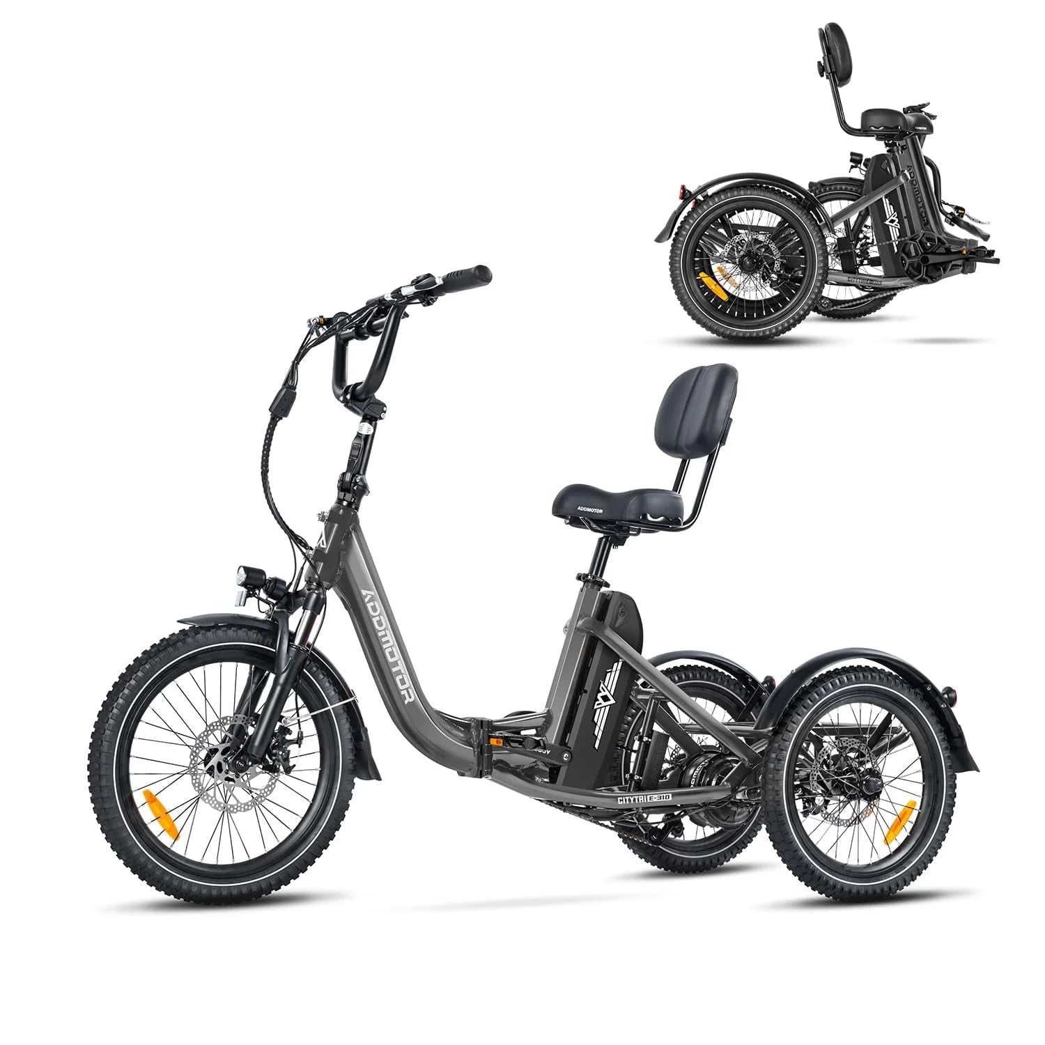 Addmotor Electric Trike, 750W (Peak 1400W) 90Miles Electric Tricycle for Adults, 48V 20Ah Folding 3 Wheel Electric Bikes with Parking Brake & Rear Speed Differential, E-310 Gray