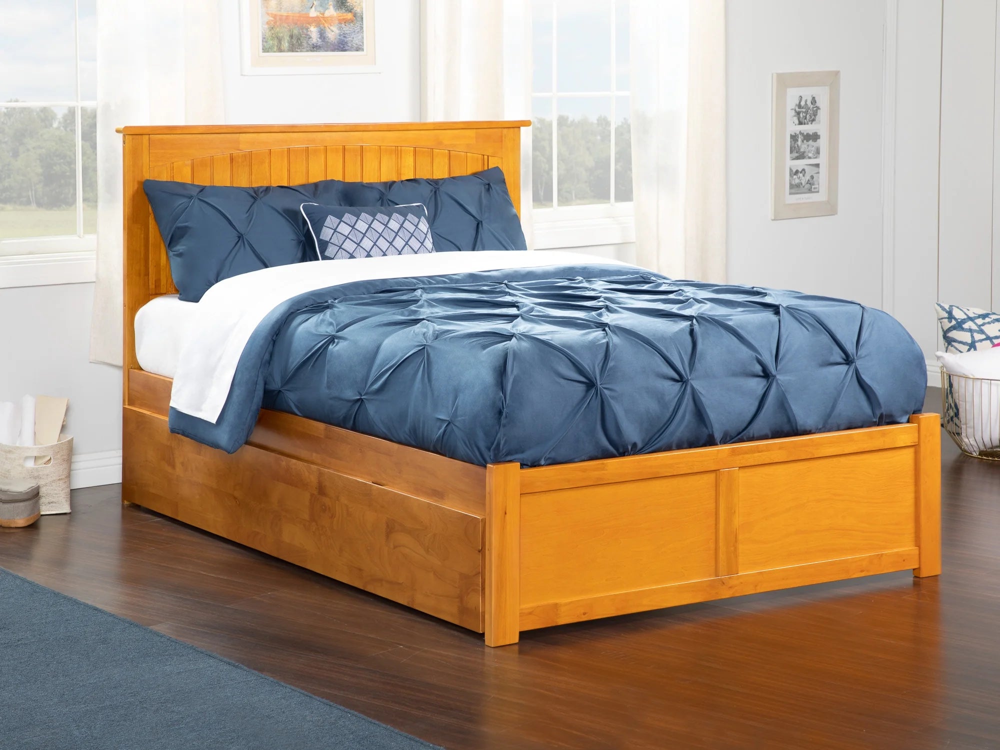 AFI Nantucket Full Size Platform Bed with Panel Footboard and Twin Size Trundle in Caramel Latte