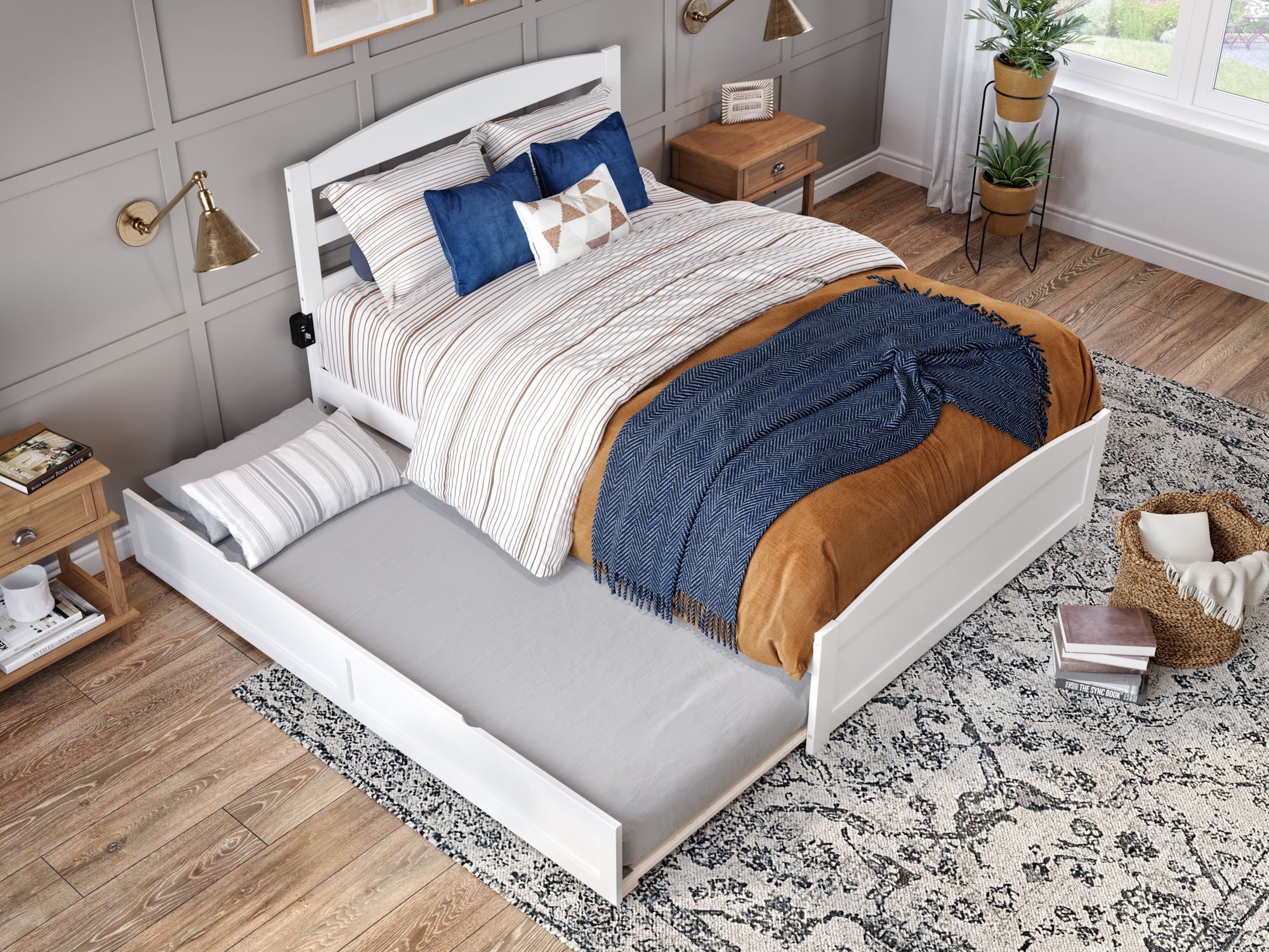 AFI Warren Queen Wood Platform Bed with Headboard Footboard & Twin XL Trundle, White