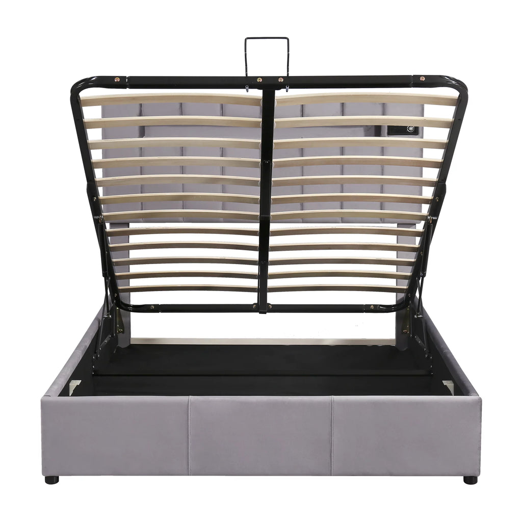 Bellemave Full Size Bed Frame with Storage and LED Light, Lift Up Upholstered Platform Bed with Bluetooth Player and USB Charging, Velvet Fabric Hydraulic Storage Bed (Gray)