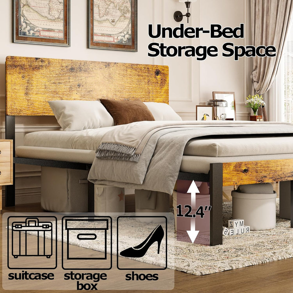 Bed Frame with Wooden Headboard and Footboard, Metal Platform Bed Frame with Strong Steel Slat Support, Mattress Foundation/No Box Spring Needed/Non-Slip/Noise Free (Queen)