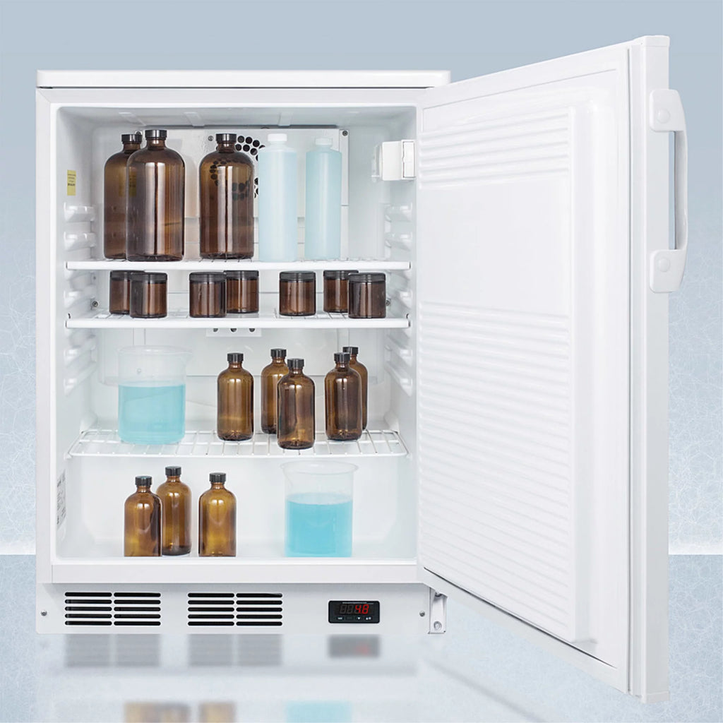 24" wide built-in all-refrigerator in white, auto defrost with a lock, NIST calibrated thermometer, digital thermostat, and internal fan
