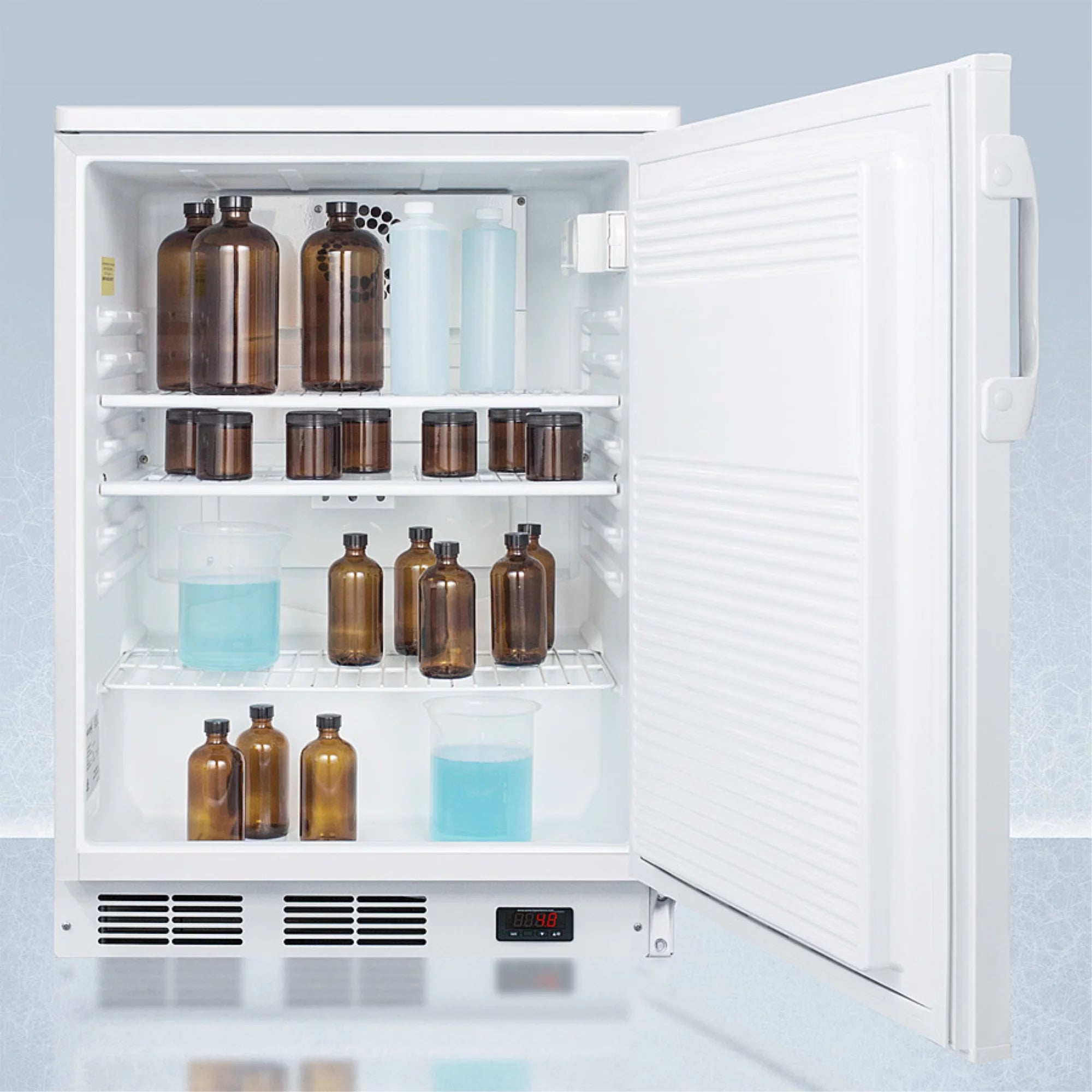 24" wide built-in all-refrigerator in white, auto defrost with a lock, NIST calibrated thermometer, digital thermostat, and internal fan