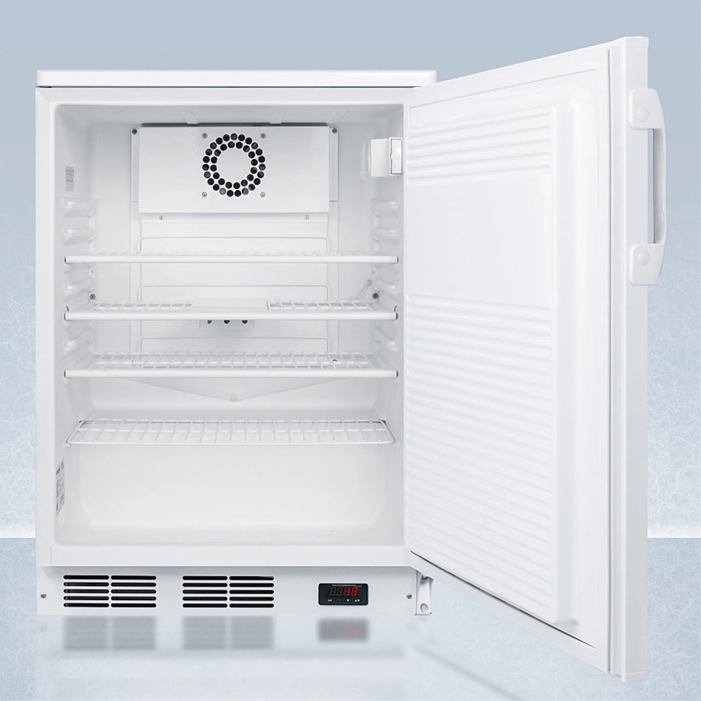 24" wide built-in all-refrigerator in white, auto defrost with a lock, NIST calibrated thermometer, digital thermostat, and internal fan