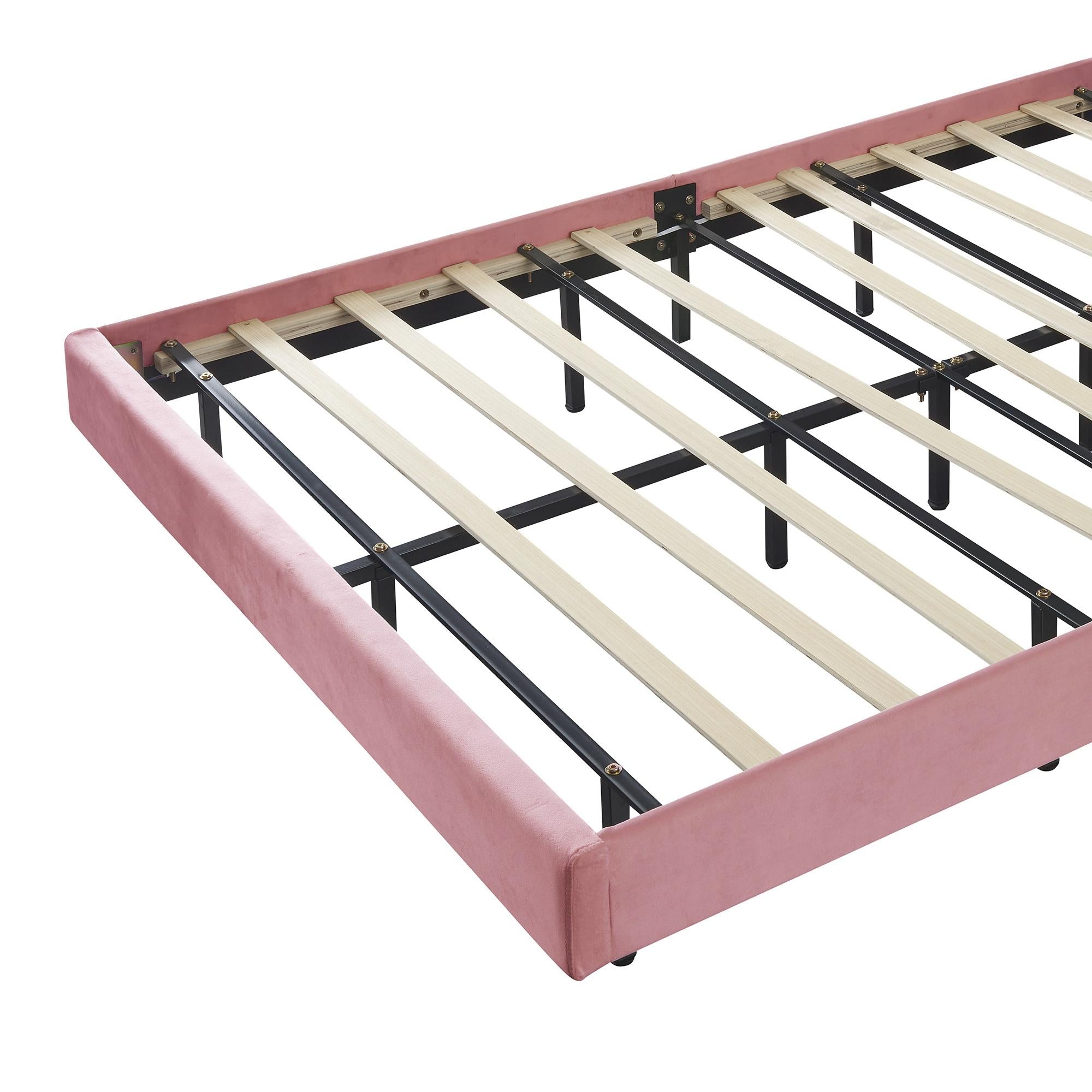 Bellemave Queen Size LED Floating Bed Frame, Pink Upholstered Platform Bed with Flowers Headboard, Modern Velvet Cloud Beds with Light for Kids Girls Boys Teens Adults（Pink)