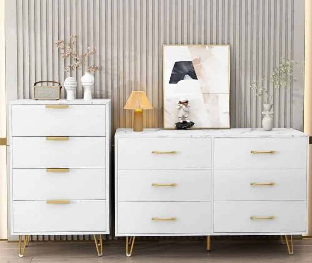 6 Drawer Dresser for Bedroom  White Dresser   Large Double Dresser with Faux Marble Top and Wide Drawers   Organizer Dresser  Chests of Drawers for Hallway  Living Room  Bedroom