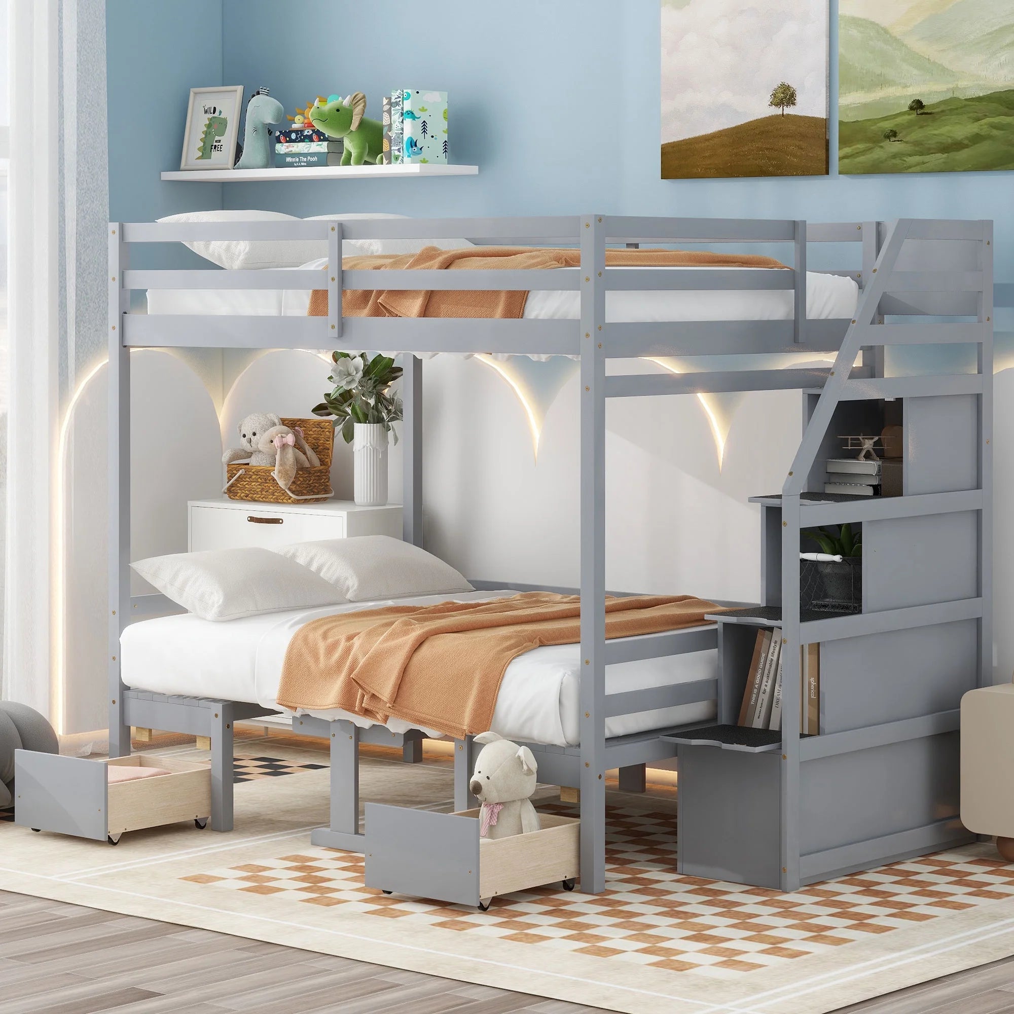 Bellemave Full Over Full Bunk Beds with Stairs, Loft Bed with Desk and Seat Can be Turned Into Bunk Bed, Wood Convertible Bunk Bed with 2 Storage Drawers for Kids Teen (Grey)