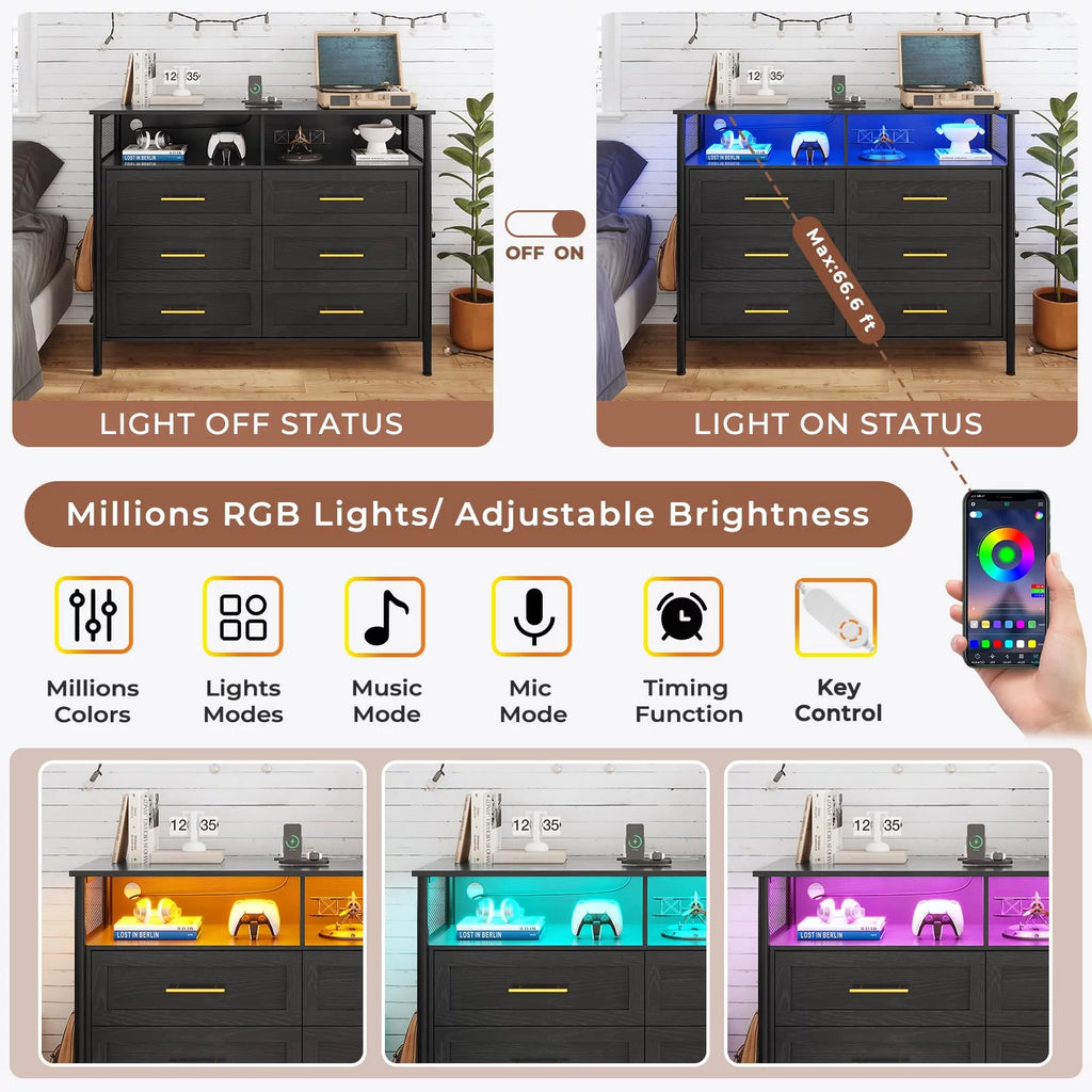 6 Drawer Dresser with Charging Station, Modern LED Wood Dresser with LED Lights and Cloth Pocket, Black
