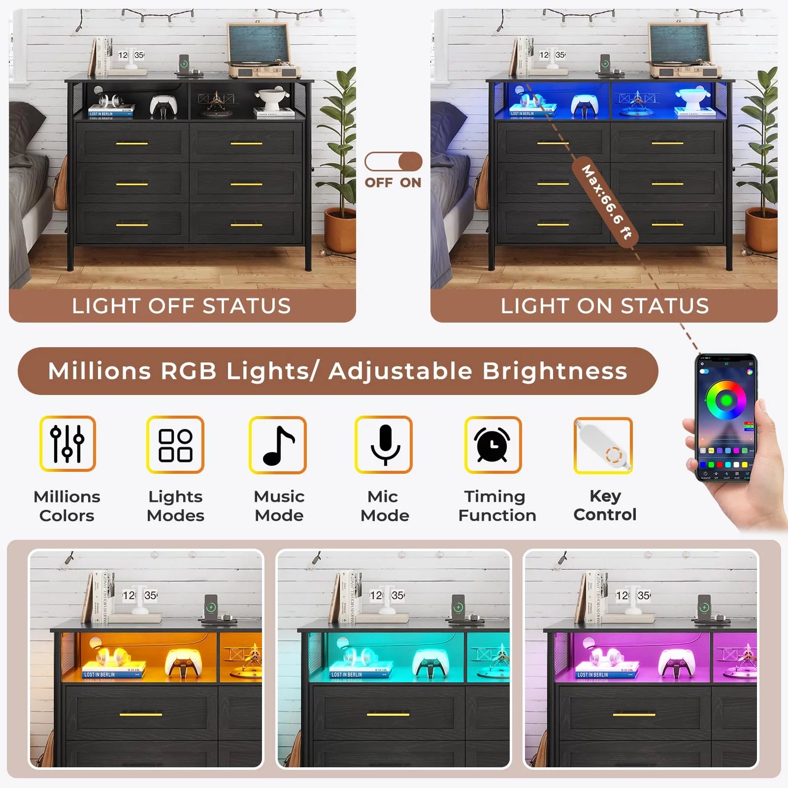 6 Drawer Dresser with Charging Station, Modern LED Wood Dresser with LED Lights and Cloth Pocket, Black