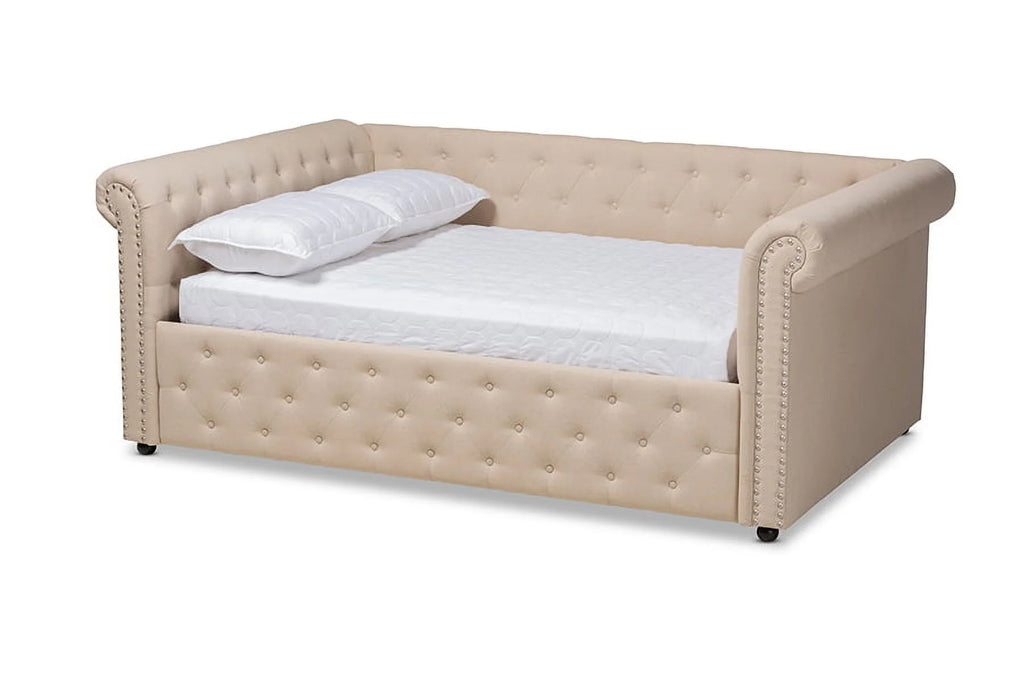 Baxton Studio Mabelle Mid-Century Tufted Fabric and Wood Queen Daybed in Beige