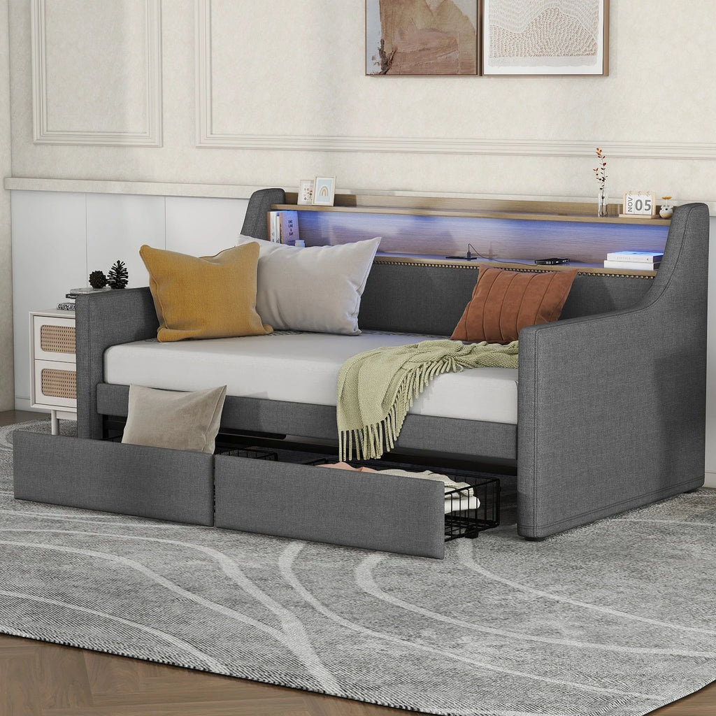 Belin Twin Size Daybed  with Charging Station and LED - Gray