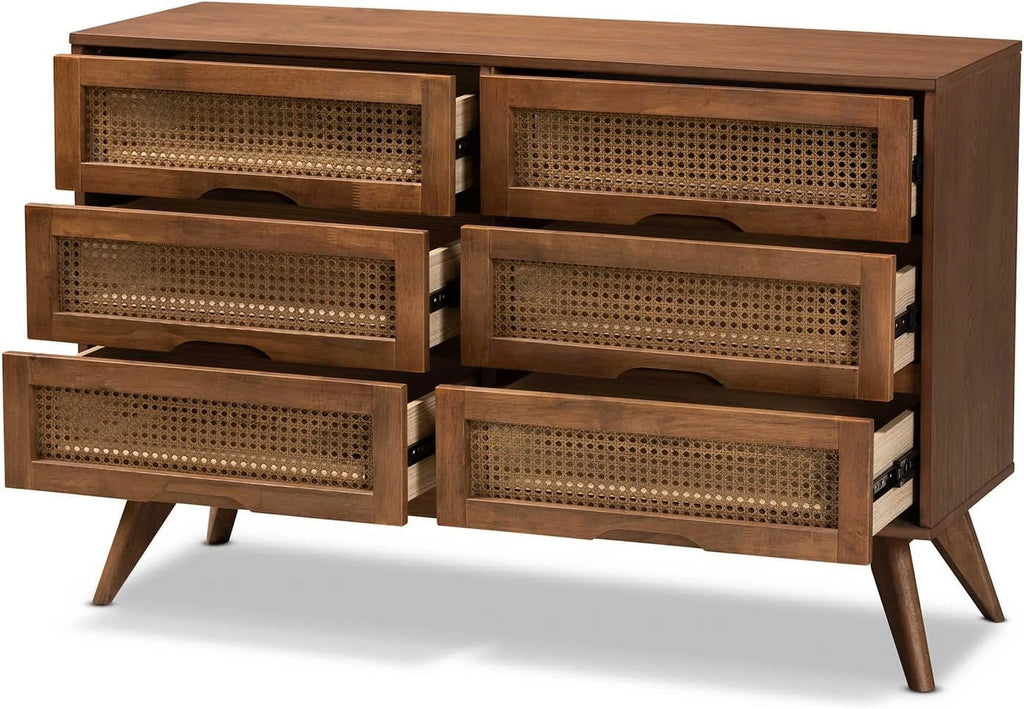 Barrett -Century Modern Walnut Brown Finished Wood And Synthetic Rattan 6-Drawer Dresser