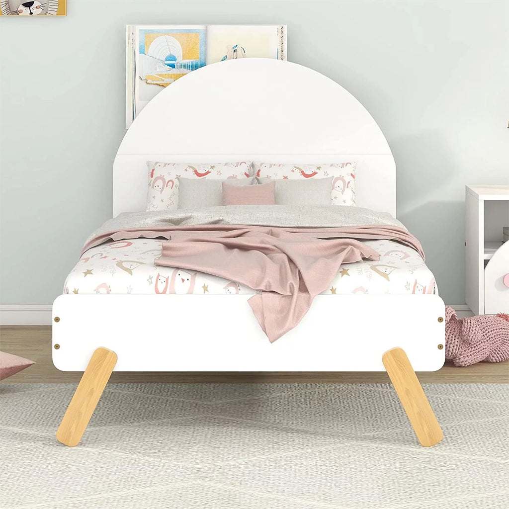 Bed Frames For Kids, Wood Cute Platform Bed With Curved Headboard, Size Bed With Shelf Behind Headboard For Boys Girls, No Box Spring Needed (White)