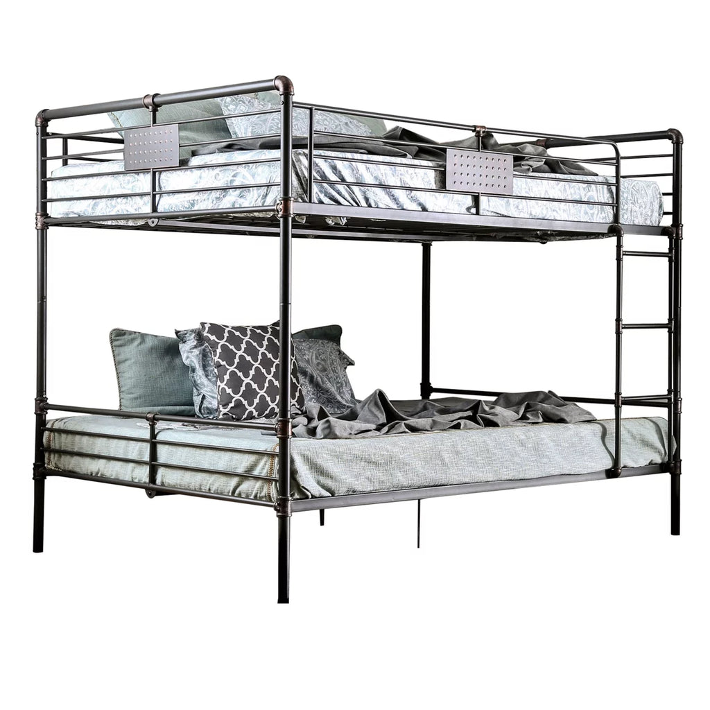 2 Tier Industrial Style Queen Size Bunk Bed with Attached Ladder, Black- Saltoro Sherpi