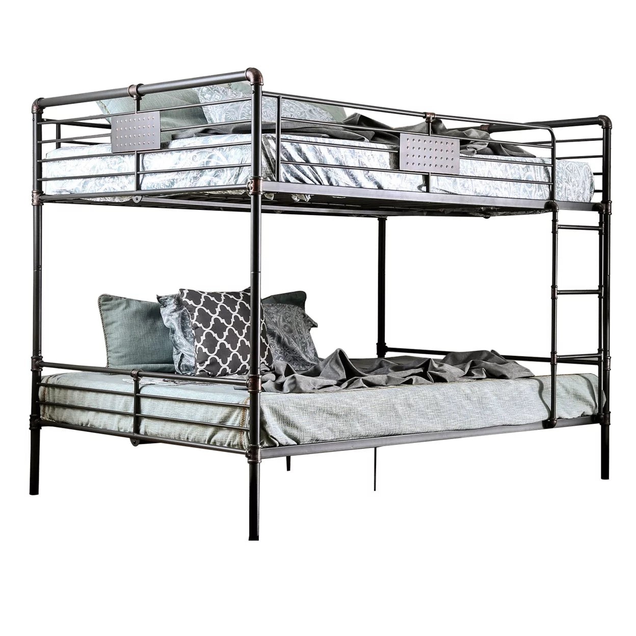 2 Tier Industrial Style Queen Size Bunk Bed with Attached Ladder, Black- Saltoro Sherpi