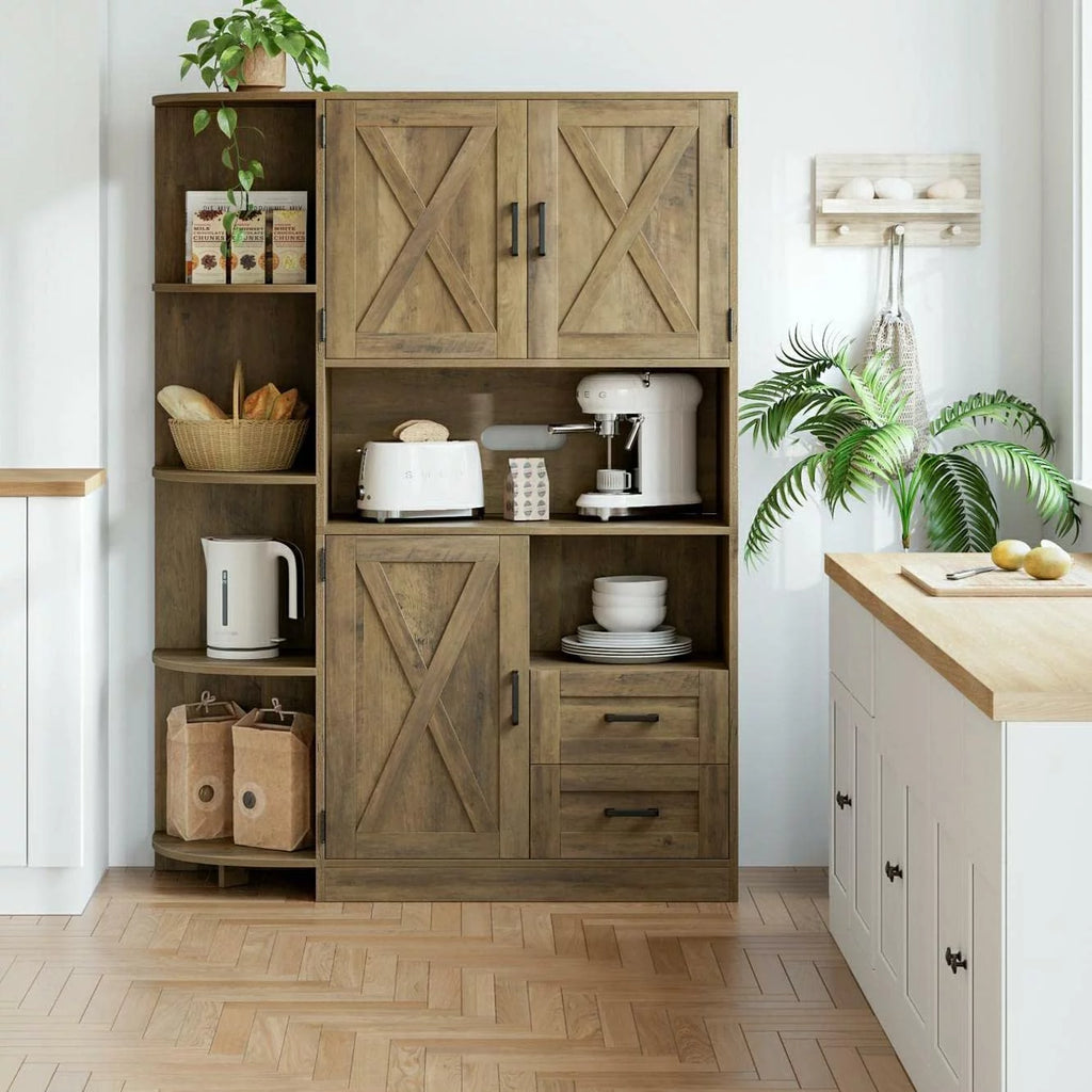 60.4" Farmhouse Kitchen Pantry Storage Cabinet, Freestanding Hutch with Doors & Shelves, Buffet Sideboard with Microwave Stand, Coffee Bar with Drawers, Cupboard for Dining Room, Rustic Brown