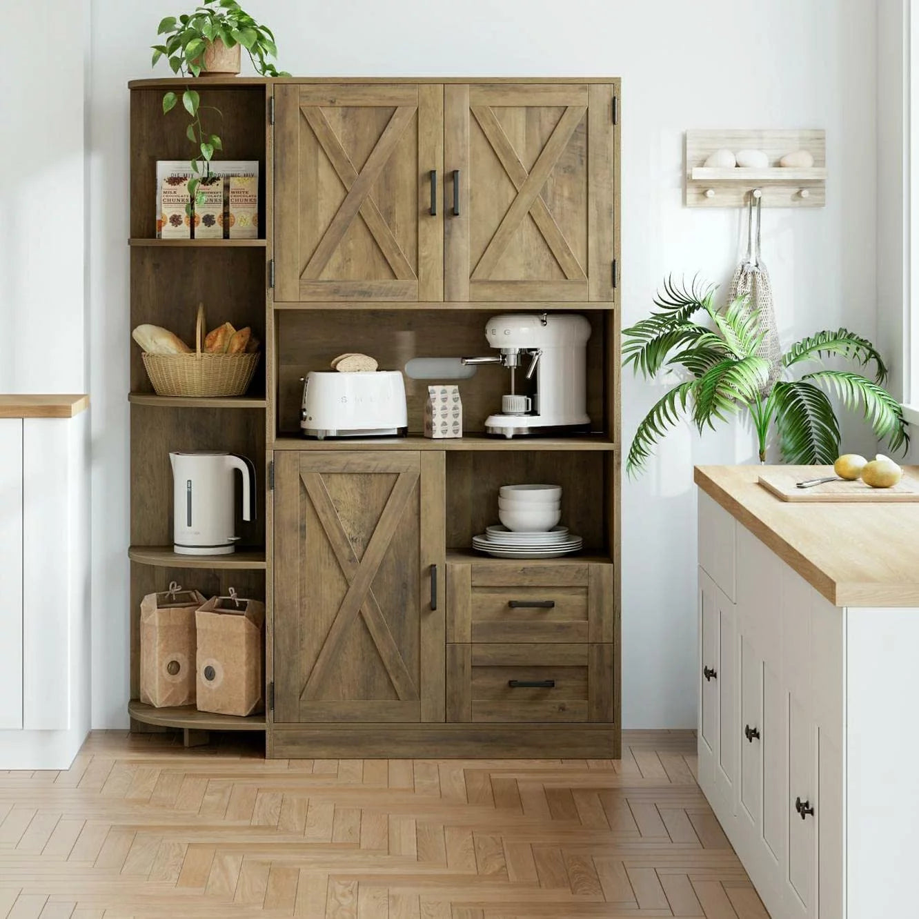 60.4" Farmhouse Kitchen Pantry Storage Cabinet, Freestanding Hutch with Doors & Shelves, Buffet Sideboard with Microwave Stand, Coffee Bar with Drawers, Cupboard for Dining Room, Rustic Brown