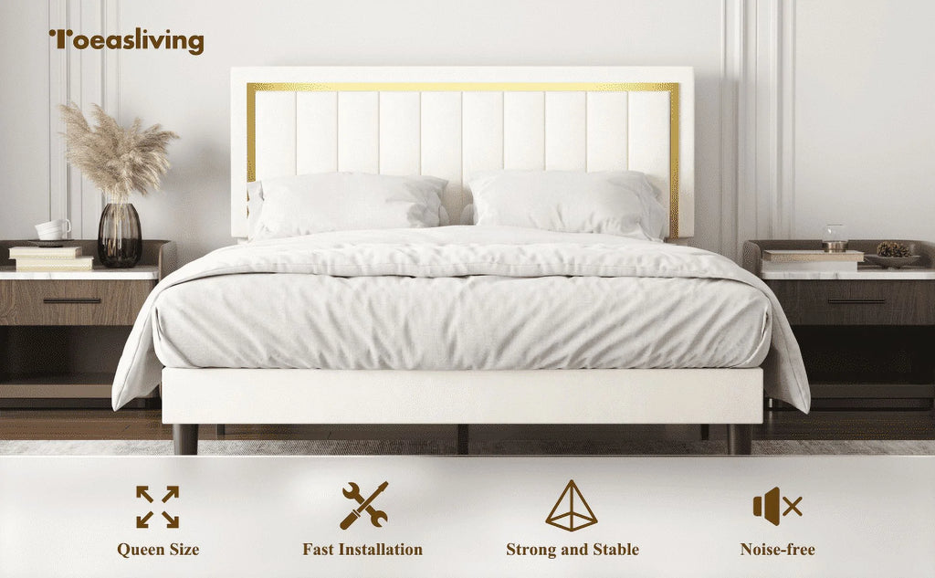 Abody Queen Platform Bed Frame with Adjustable Headboard, Velvet Upholstered Queen Bed Frame with Wooden Slats Support & Gold Trim, Noise-Free, Easy Assembly, No Box Spring Needed, Beige