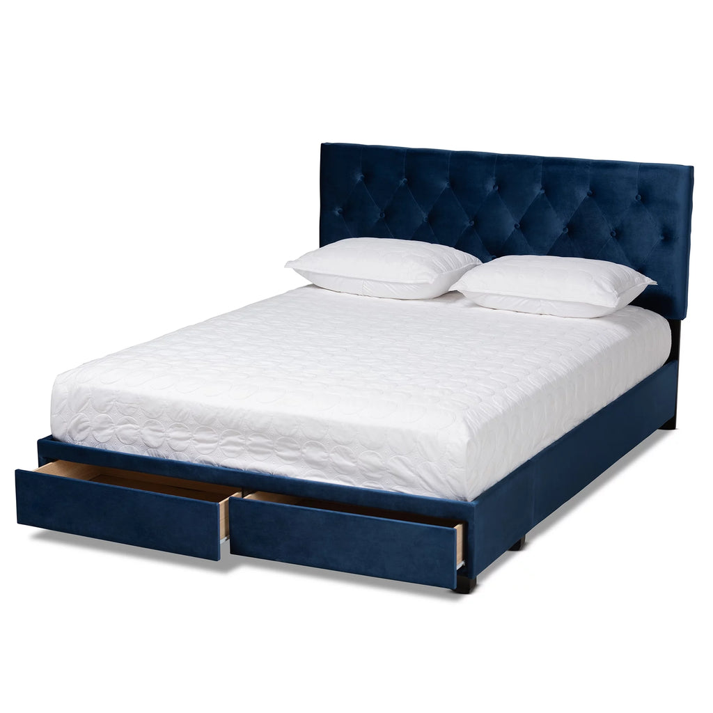 Baxton Studio Caronia Modern and Contemporary Navy Blue Velvet Fabric Upholstered 2-Drawer King Size Platform Storage Bed