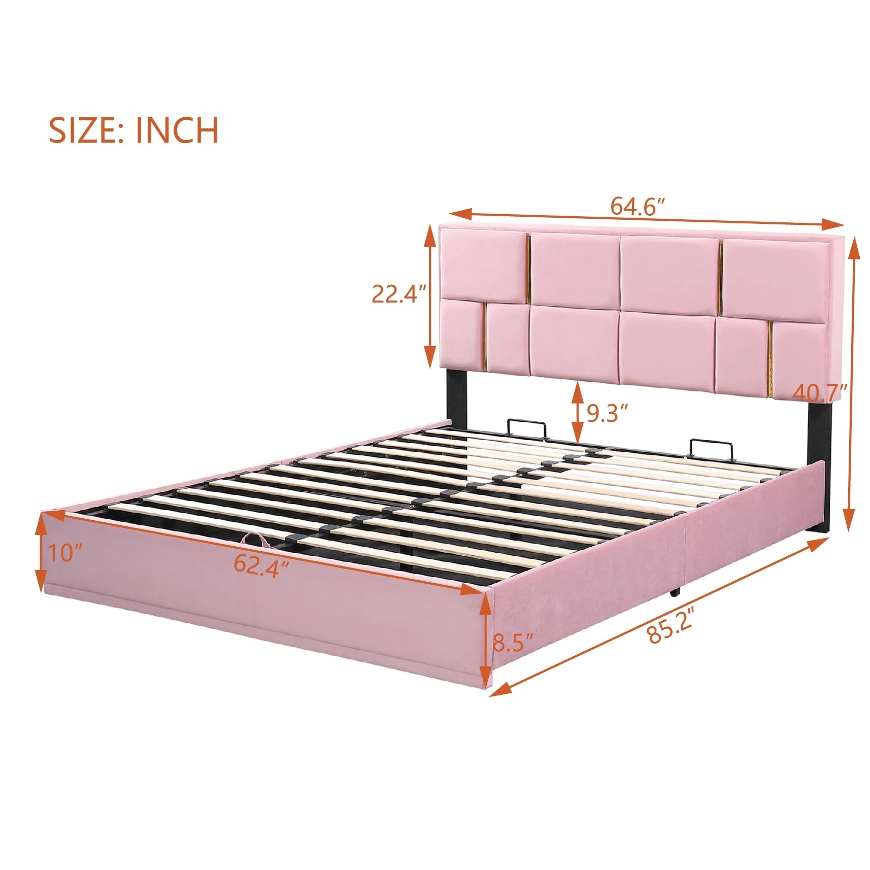 2-Pieces Bedroom Sets,Queen Size Upholstered Platform Bed with Hydraulic Storage System,Storage Ottoman with Metal Legs,Pink
