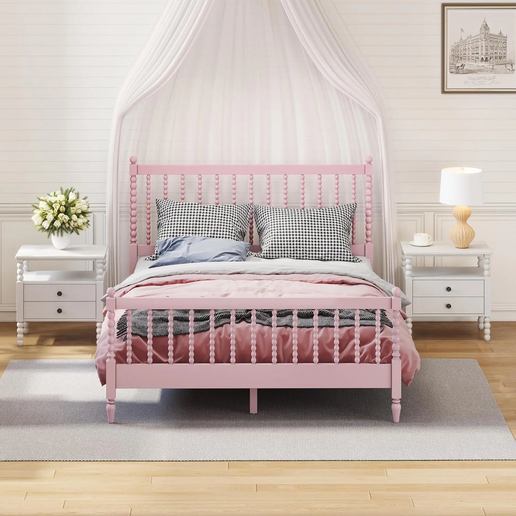 3Pcs Bedroom Set With 2 Nightstands, Queen Size Bed Frame With Gourd Shaped Headboard And Footboard, Solid Wood Platform Bed, No Spring Box Required,