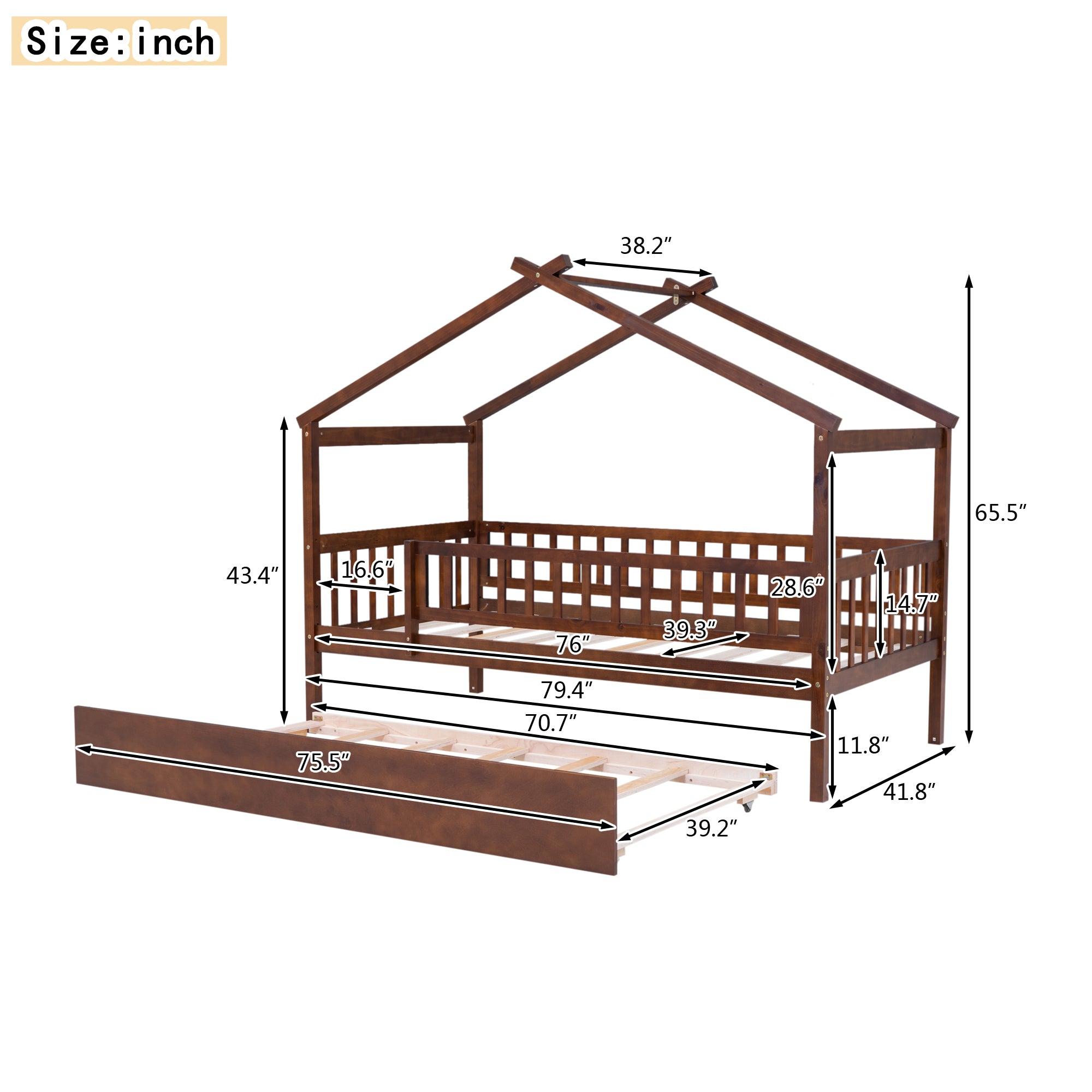 "Twin-Size Wooden House-Shaped Bed with Matching Twin-Size Trundle in Elegant Walnut Finish"