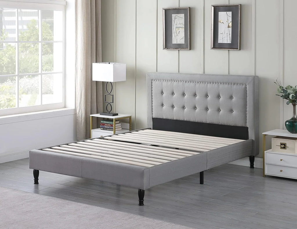 Athena II Premiere Classics Upholstered Linen Cloth Platform Bed II Button Tufted II 43.5" Tall Headboard II Mattress Foundation II Easy Assembly II Grey II Queen Furbed211_Queen_Grey