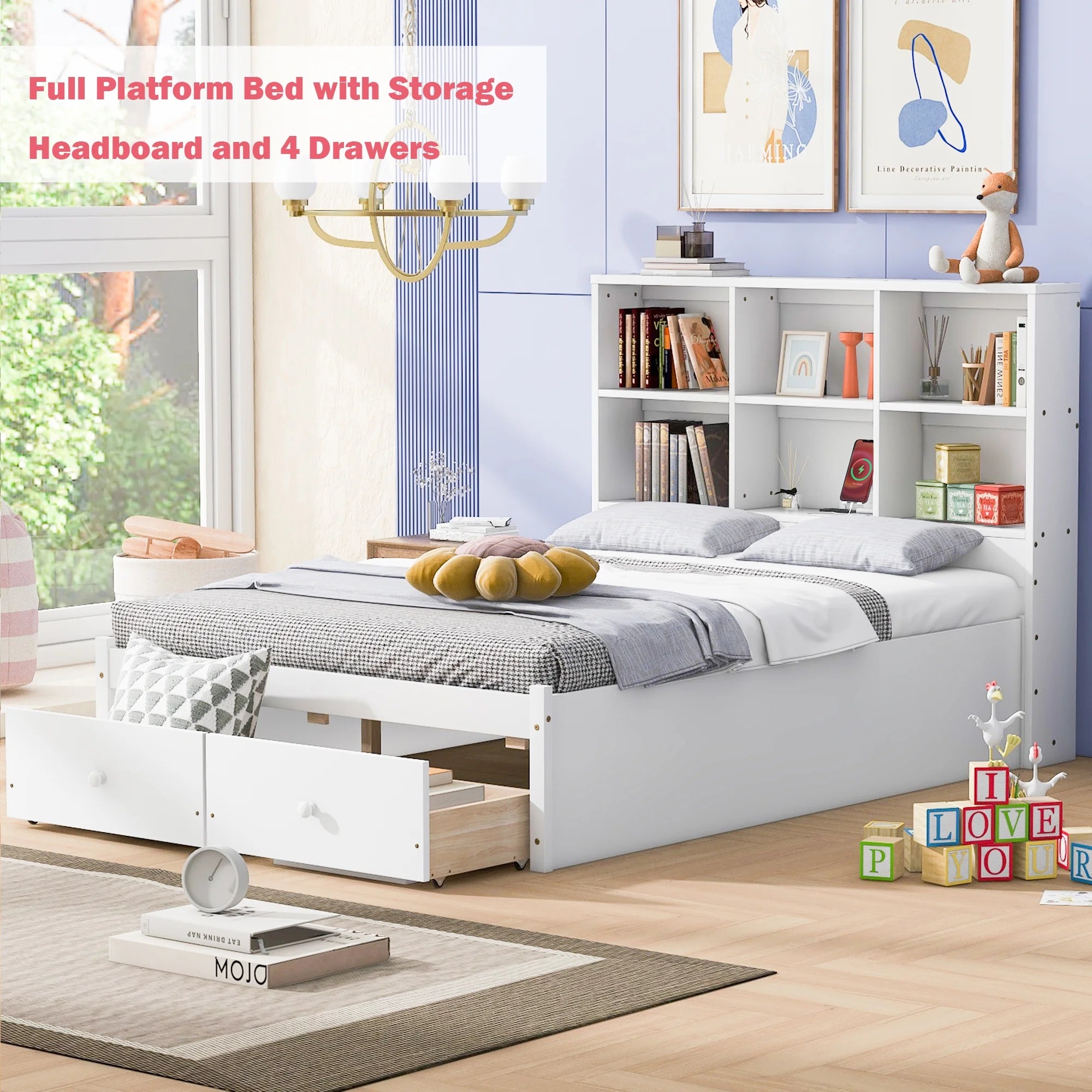 Bellemave Full Size Platform Bed With 2 Drawers and Storage Headboard Full Storage Platform Bed with USB Charging Port and Wooden Slats for Kids, Teens, Adult, no Box Spring Needed, White