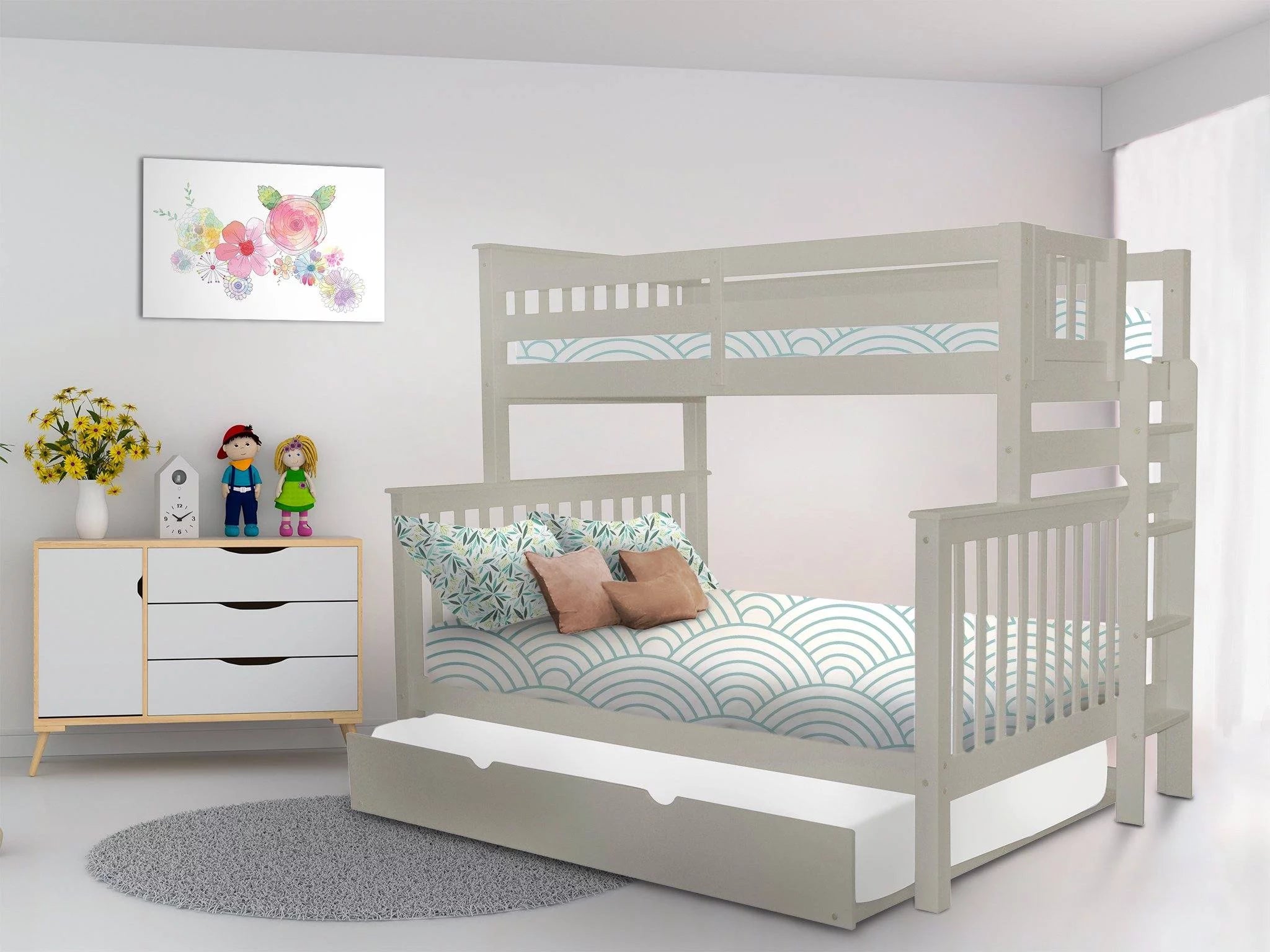 Bedz King Bunk Beds Twin over Full Mission Style with End Ladder and a Full Trundle, Gray
