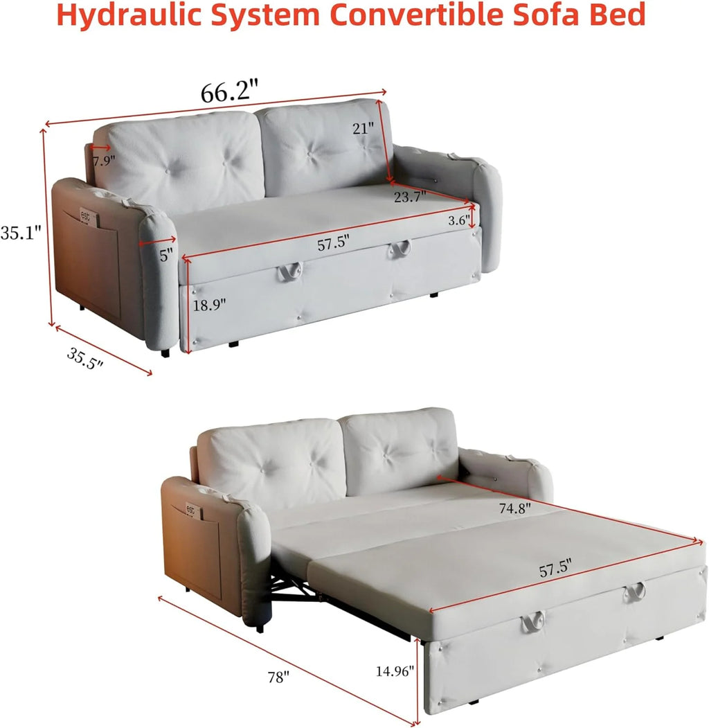 66.2" Sleep Sofa Bed Queen Size, Hydraulic System Pull Out Couch Bed, Sleeper Sofa  Loveseat with 2 Pillows, Modern Velvet Upholstered Couch for Living Room, Small Space, Apartment, Bedroom, Black