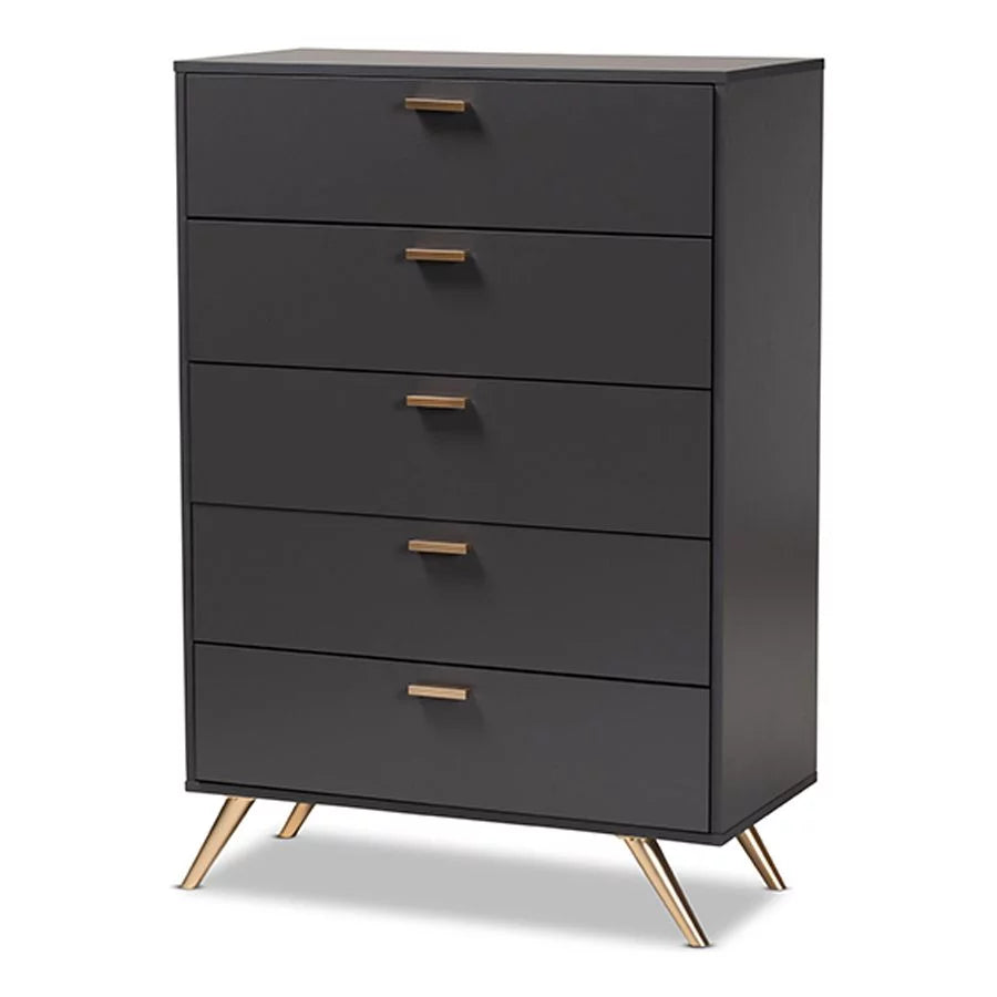 Baxton Studio Kelson Modern and Contemporary Dark Grey and Gold Finished Wood 5-Drawer Chest