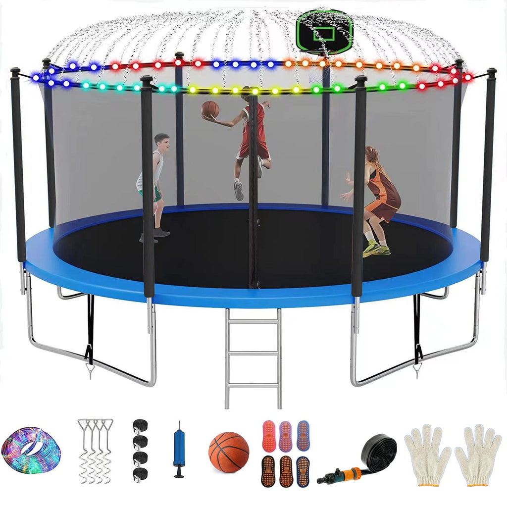 16FT Trampoline for 8-9 Kids Adults with Basketball Hoop, Ladder, Light, Sprinkler, Socks, Outdoor Heavy Duty Recreational Trampoline
