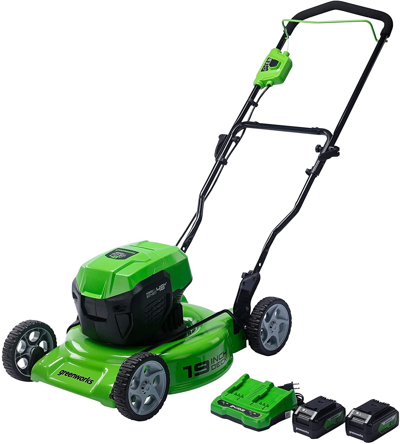 Greenworks 2 x 24V (48V) 19" Brushless Push Lawn Mower, 2 x 4.0Ah USB Batteries and Dual Port Rapid Charger Included