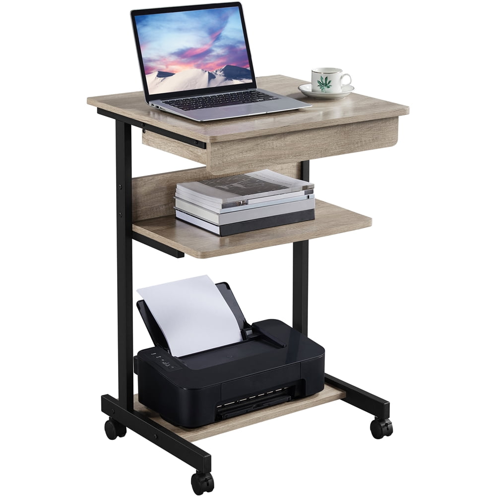 Alden Design Rolling Computer Desk with 2 Storage Shelves and Drawer, Black
