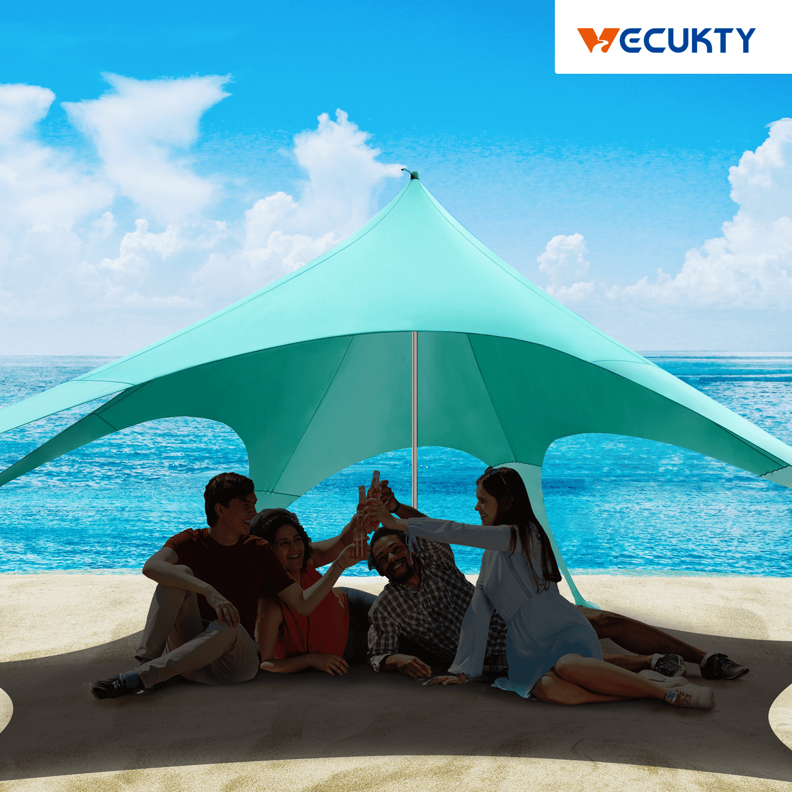 Beach Canopy Tent Sun Shade, VECUKTY 12x12 FT Beach Tent Sun Shelter UPF 50+ UV Protection with Sandbags , 1 Stability Poles and Ground Pegs and Anti-Wind Ropes,Blue