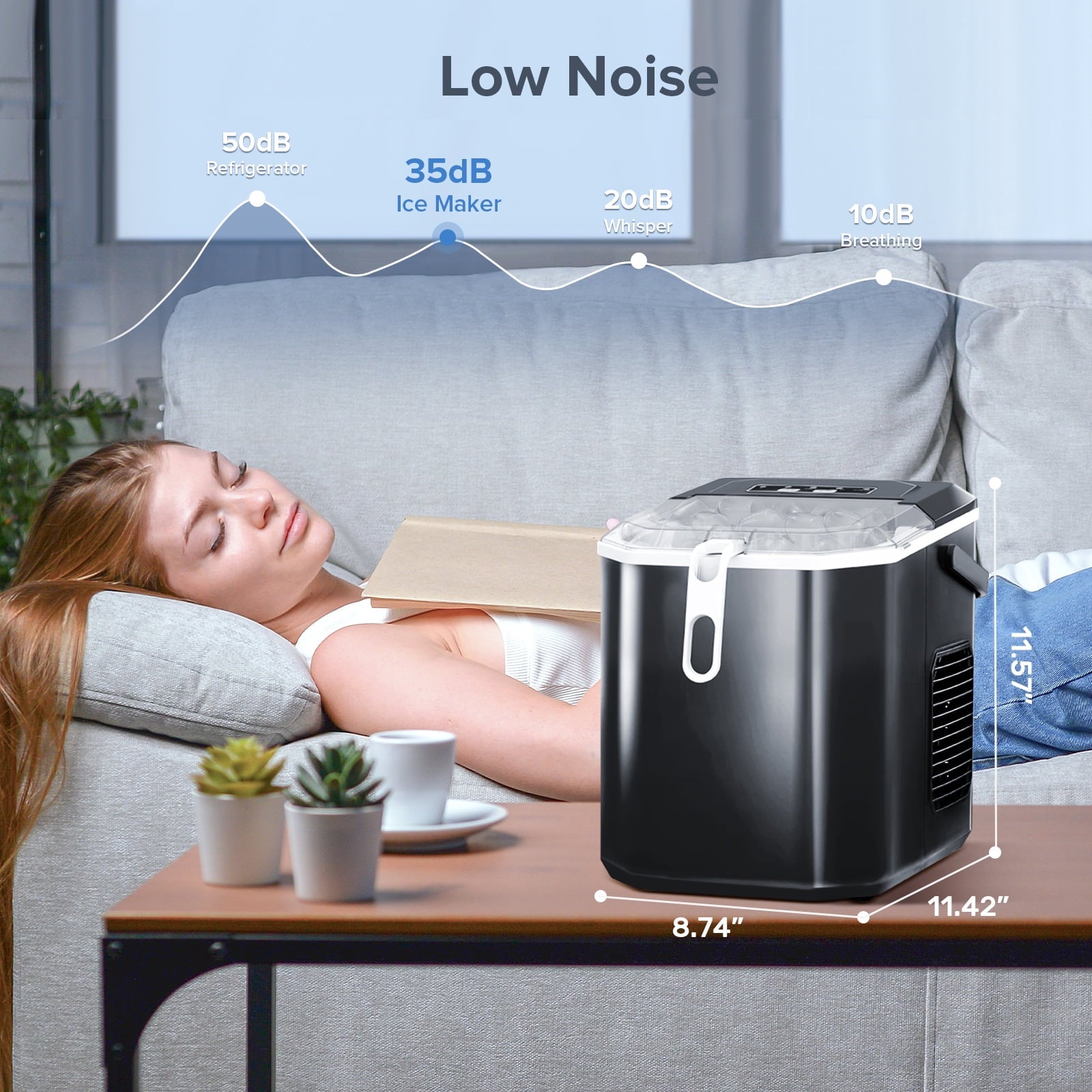 Auseo Countertop Ice Maker, Self-cleaning Portable Ice Maker Machine with Handle and Ice Scoop, Bullet Ice Cubes, 9Pcs/8Min 26Lbs/24H for Home/Office/Bar/Party (Black)