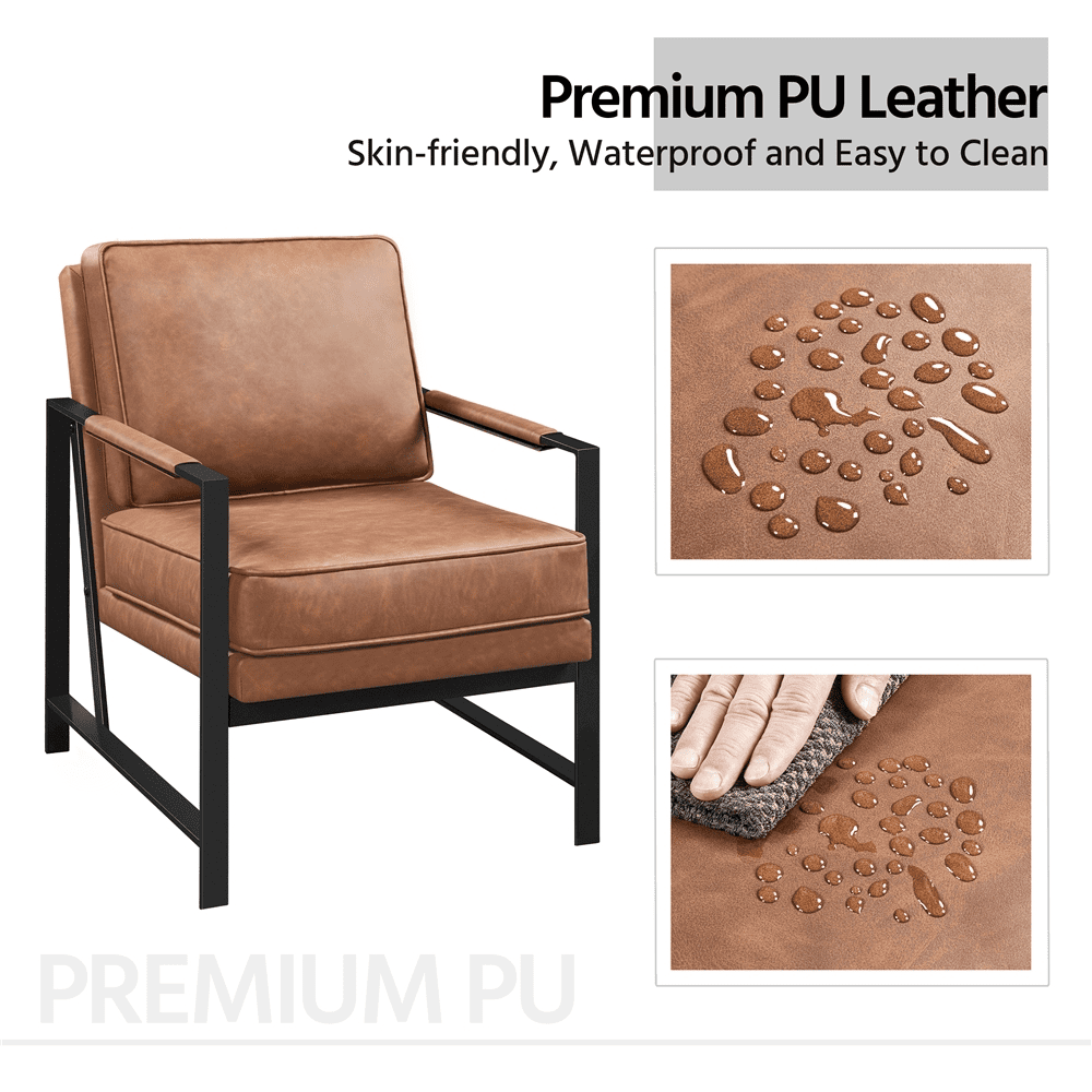 Alden Design Mid-Century Modern Accent Chair with Metal Frame, Brown Faux Leather