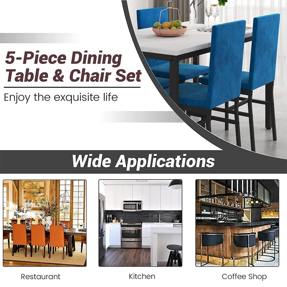 5 Piece Dining Table Set, Modern Faux Marble Tabletop and 4 PU Leather Upholstered Chairs, Rectangle Kitchen Table and Chairs for 4 Persons, Small Dining Set for Bar Dining Room Breakfast Nook