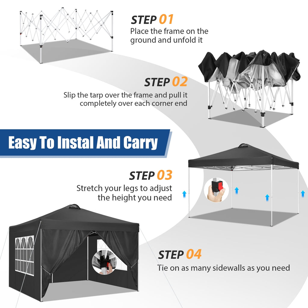 10'x10' EZ Pop Up Canopy with Top Vent, Large Commercial Tent, Waterproof and Sunproof with 4 Removable Sidewalls, Suitable for Weddings come with 4 Sandbags (Black)