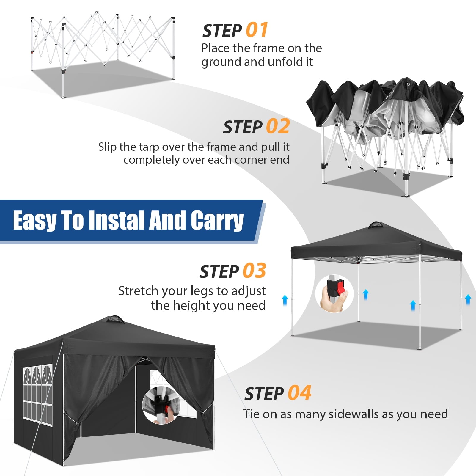 10'x10' EZ Pop Up Canopy with Top Vent, Large Commercial Tent, Waterproof and Sunproof with 4 Removable Sidewalls, Suitable for Weddings come with 4 Sandbags (Black)