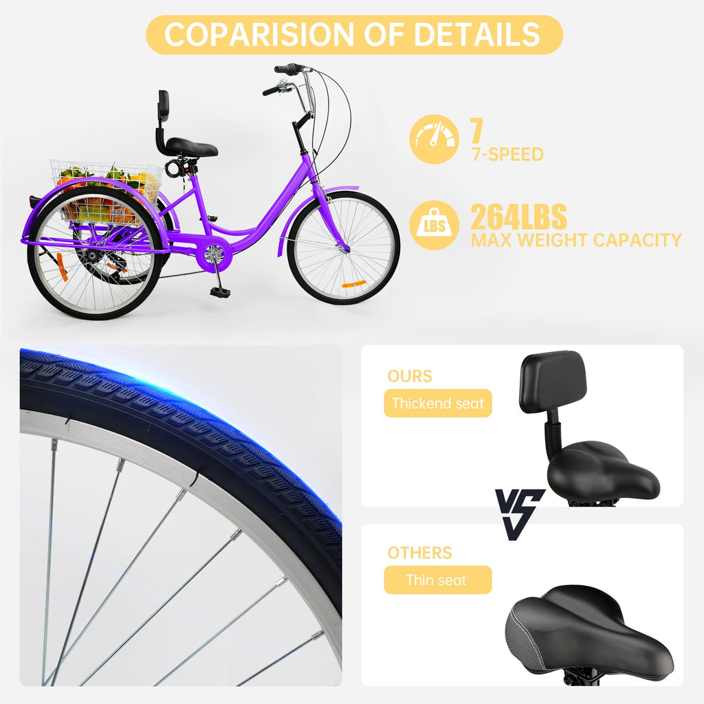 ARTUDATECH 7-Speed Adult Tricycle 24" Purple Three-Wheeled 3 Wheel Cruiser Bike with Seat and Rear Basket for Shopping,Commuting,Camping