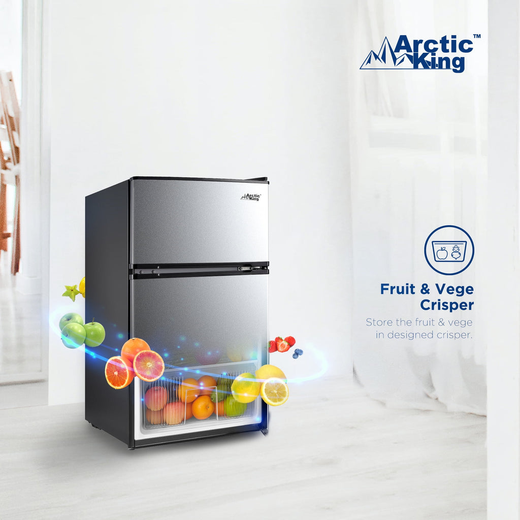 Arctic King 3.2 Cu ft Two Door Mini Fridge with Freezer, Stainless Steel, E-Star, ARM32D5ASL