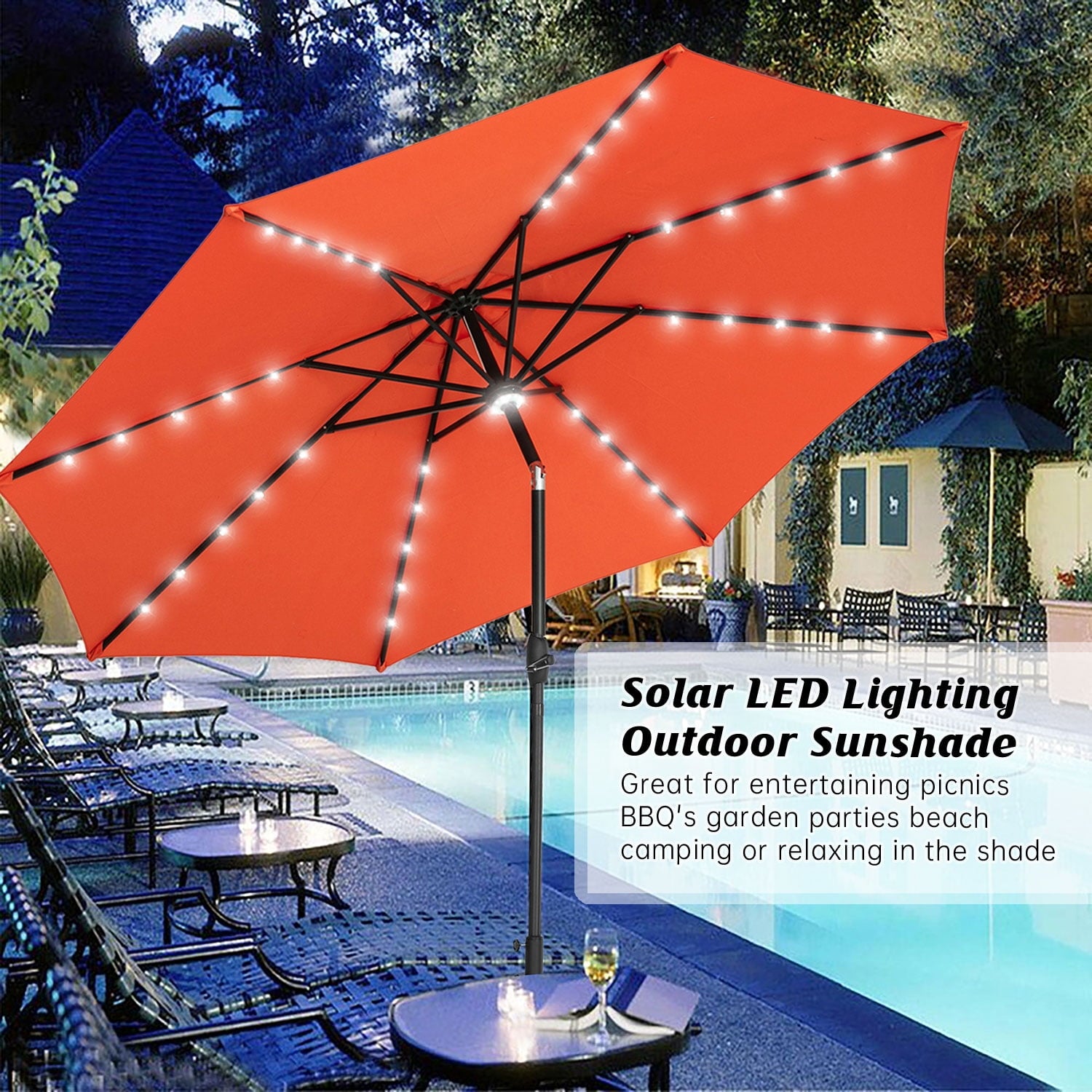 Autlaycil 10 ft Solar Patio Umbrellas with 40 LED lights for Market Outdoor Pool, Steel Tilt Crank, Navy Blue