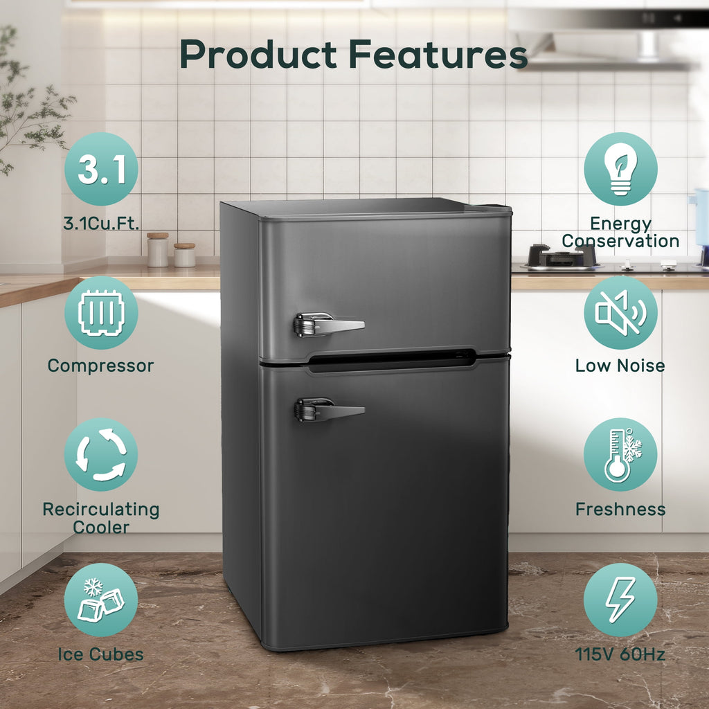 Auseo 3.1 Cu.Ft Double Door Mini Fridge with Freezer, Compact Retro Refrigerator for Dorm, Office, Bar, Bedroom, Black