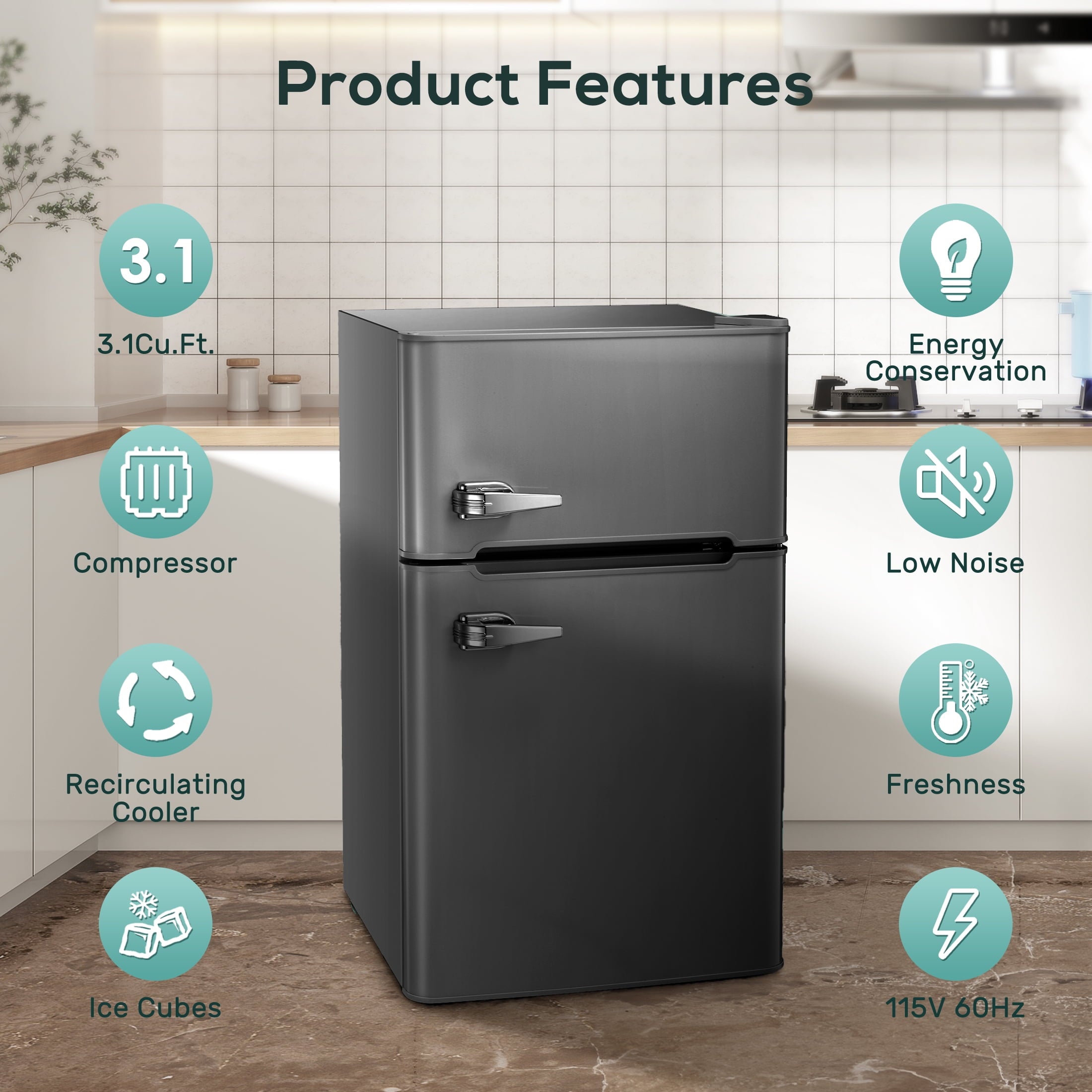 Auseo 3.1 Cu.Ft Double Door Mini Fridge with Freezer, Compact Retro Refrigerator for Dorm, Office, Bar, Bedroom, Black