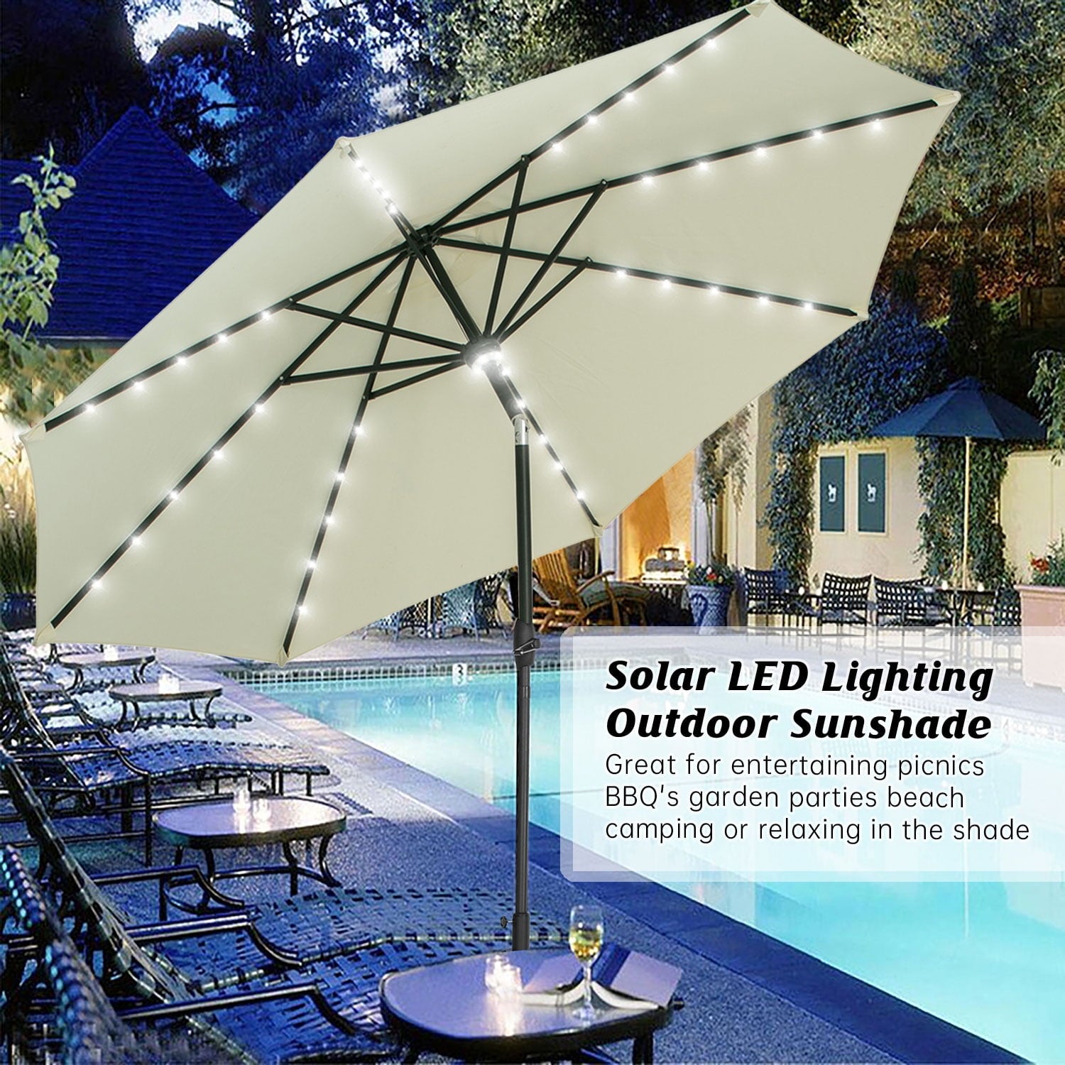 Autlaycil 10 ft Solar Patio Umbrellas with 40 LED lights for Market Outdoor Pool, Steel Tilt Crank, Navy Blue