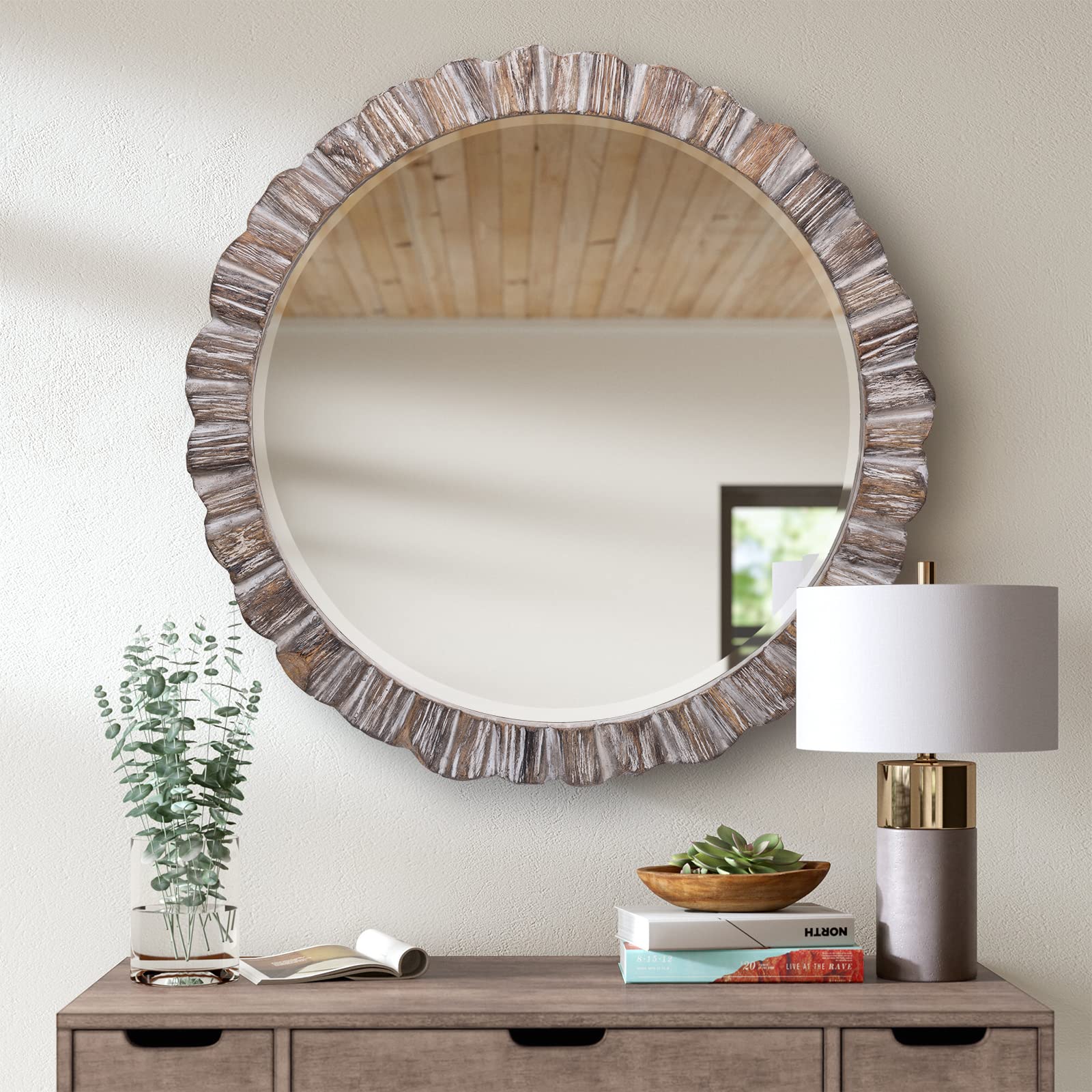 35" Wood Round Mirror, Rustic Wall Mirror with Thick Frame, Large Round Mirror for Wall Decor, Wooden Circle Beveled Mirror for Entryway, Farmhouse, Washed White