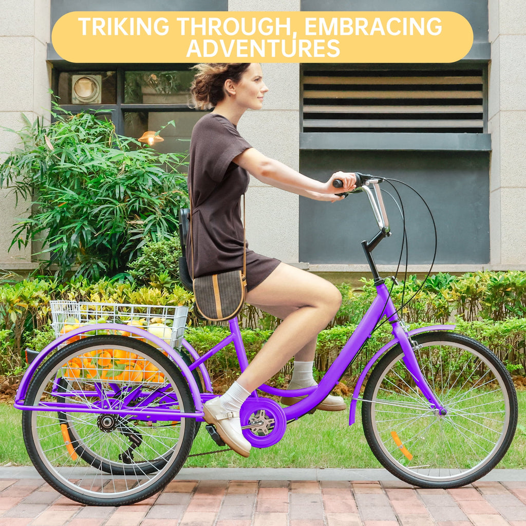 ARTUDATECH 7-Speed Adult Tricycle 24" Purple Three-Wheeled 3 Wheel Cruiser Bike with Seat and Rear Basket for Shopping,Commuting,Camping